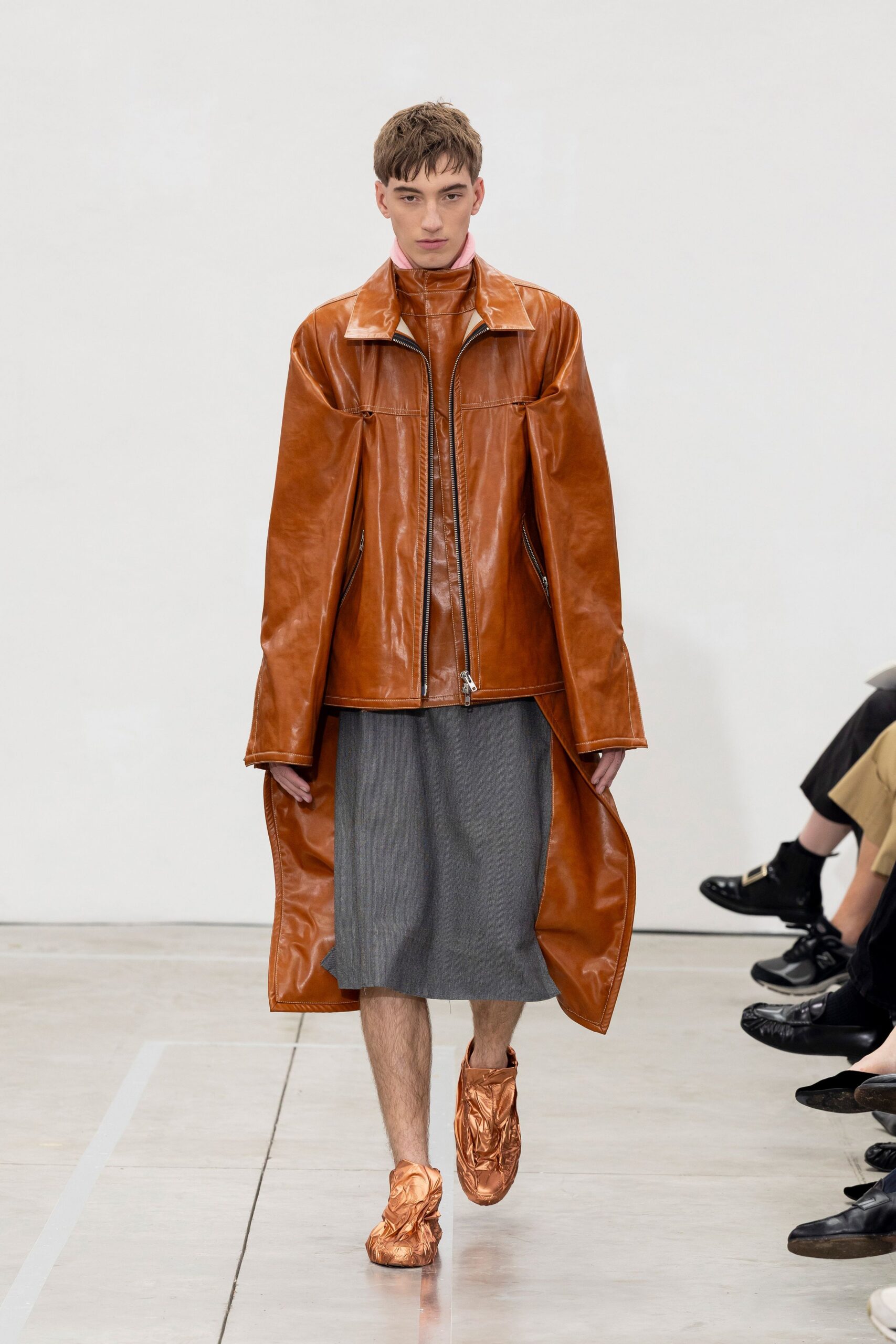 brown leather long-sleeve collared relaxed zippered maxi coat