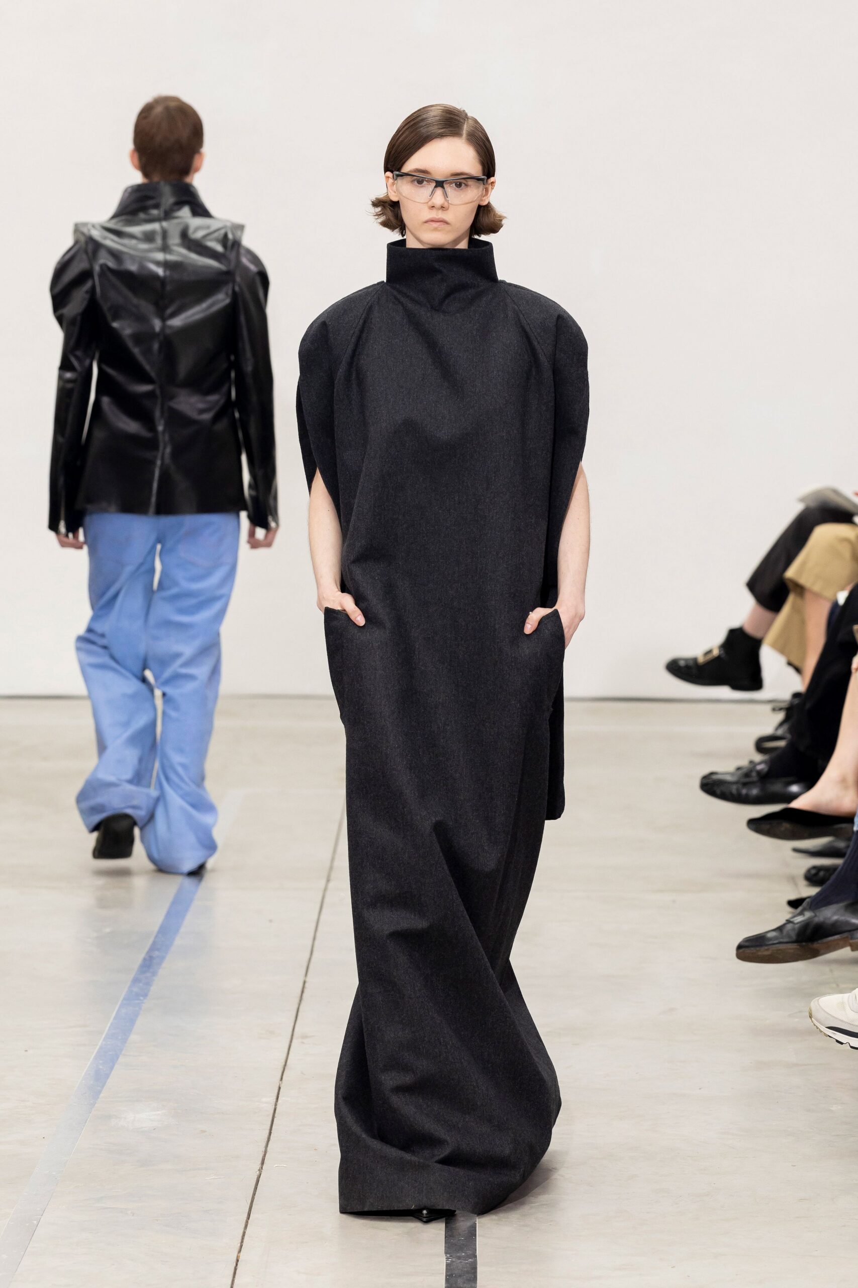black cotton high-neck sleeveless relaxed draped pockets gown