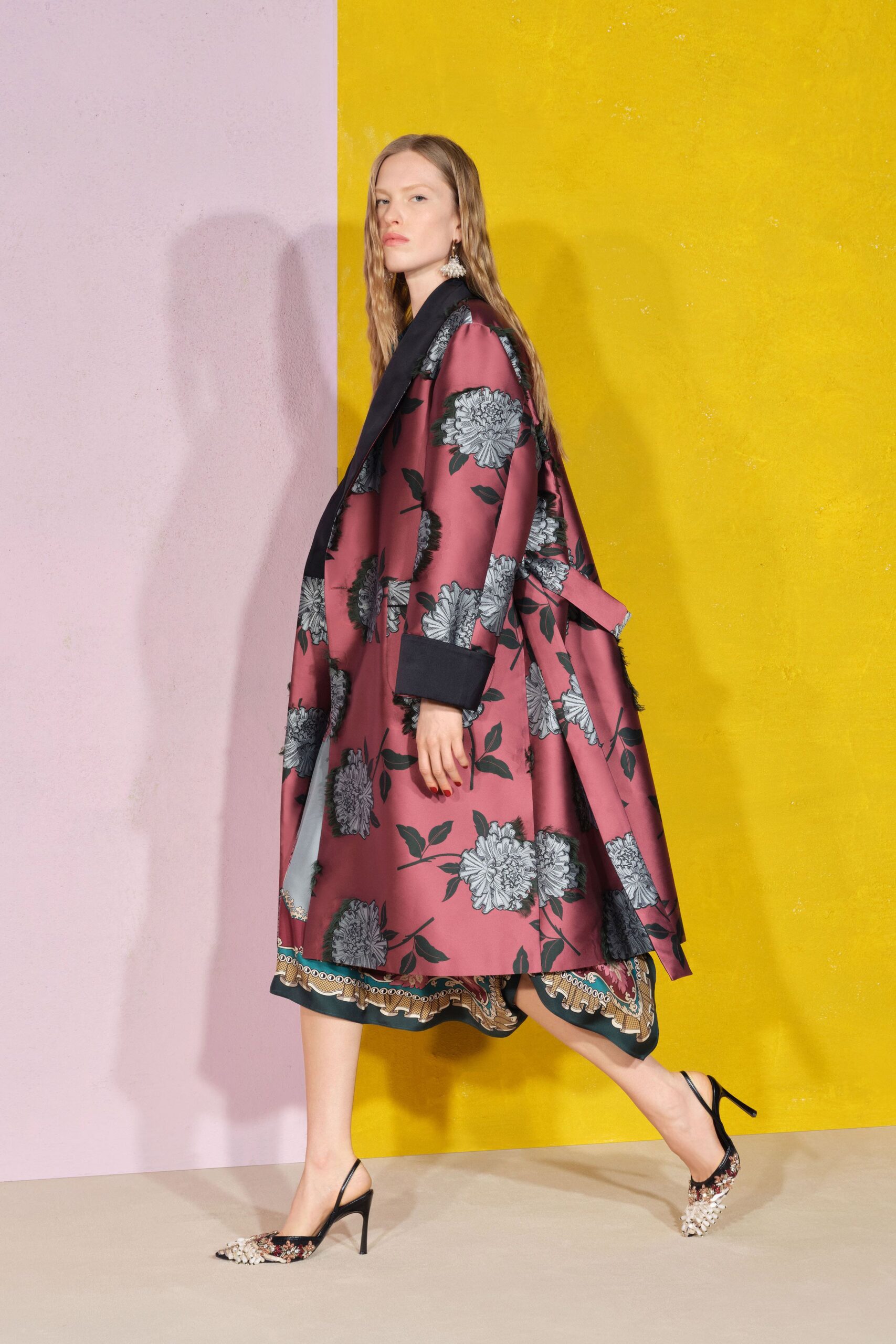 pink silk long-sleeve collared relaxed floral layered coat
