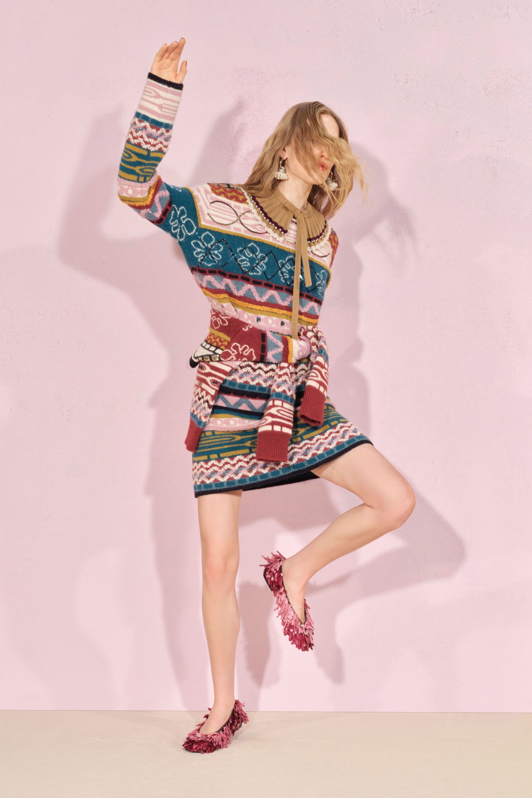 multi cotton long-sleeve collared fitted belted embroidered dress