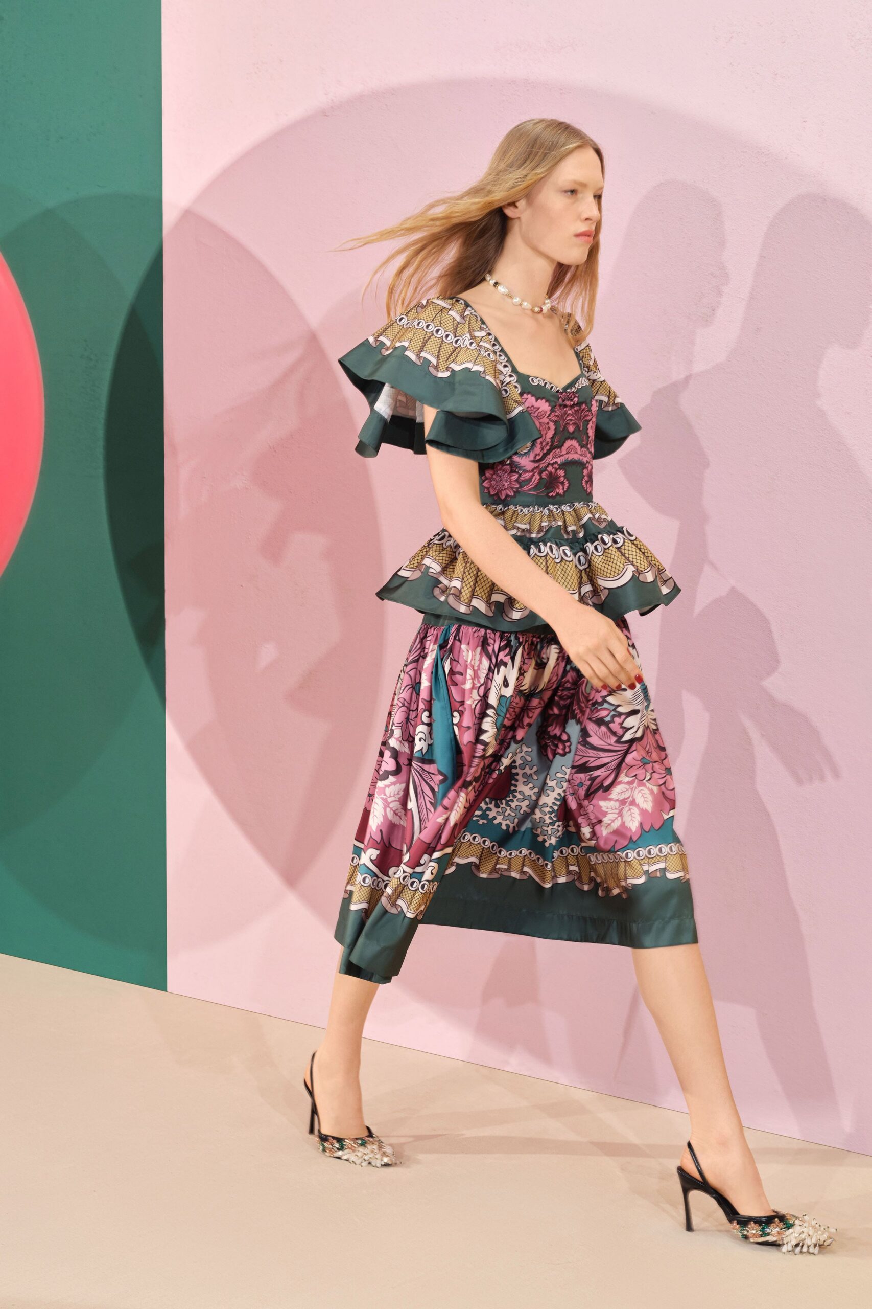 pink silk short-sleeve v-neck fitted ruffled flared dress