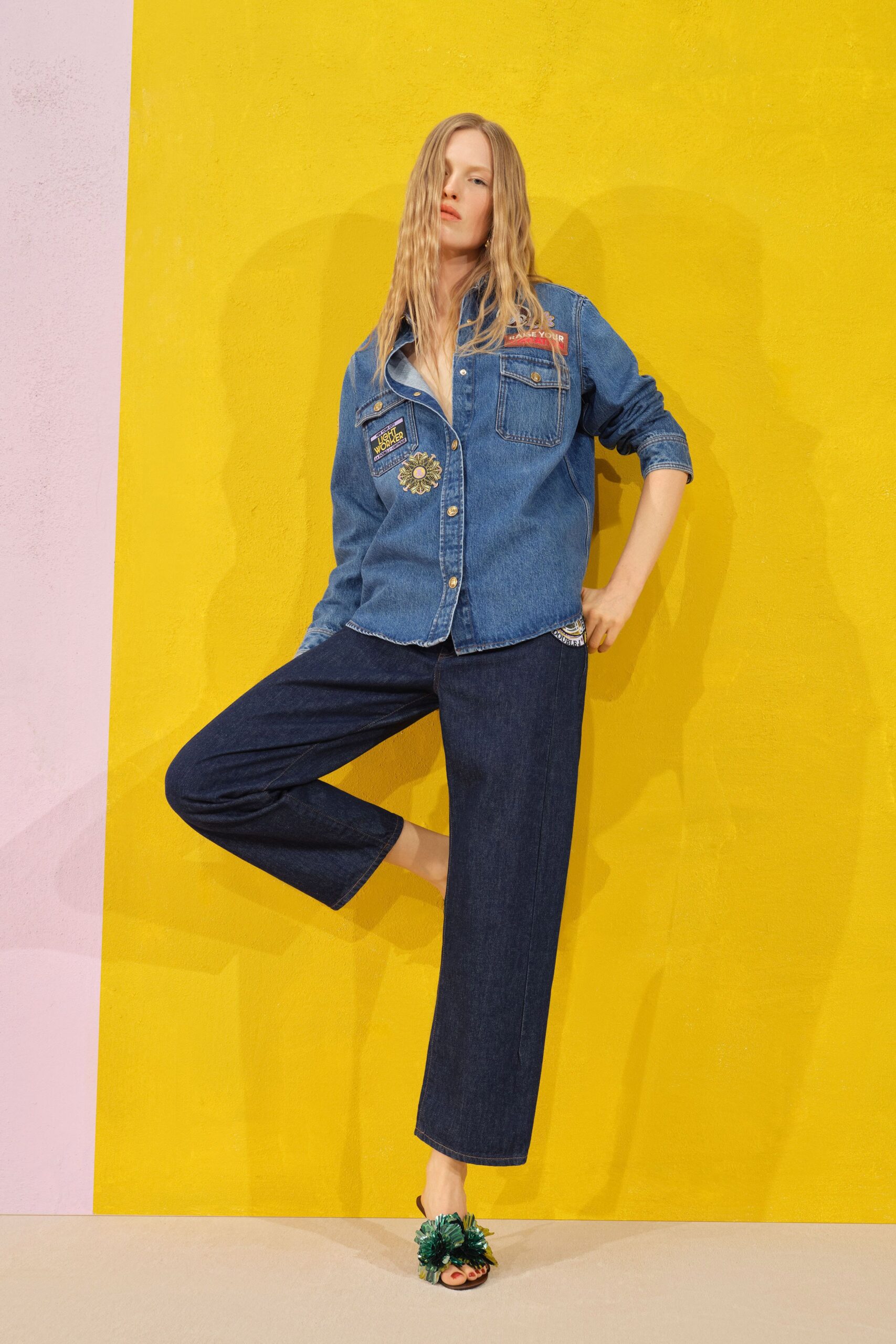 blue denim long-sleeve collared relaxed buttoned embroidered shirt