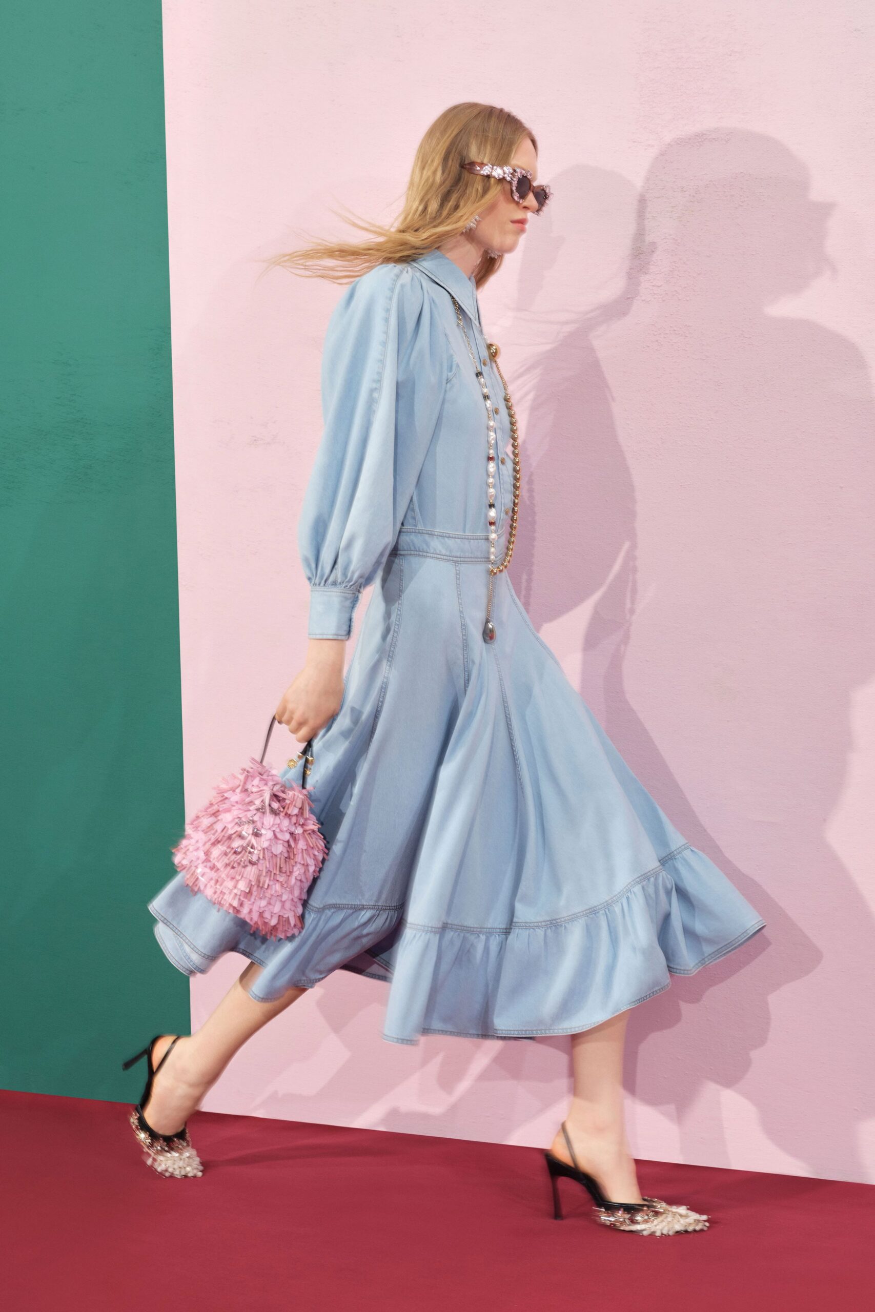 blue cotton long-sleeve collared relaxed tiered midi dress