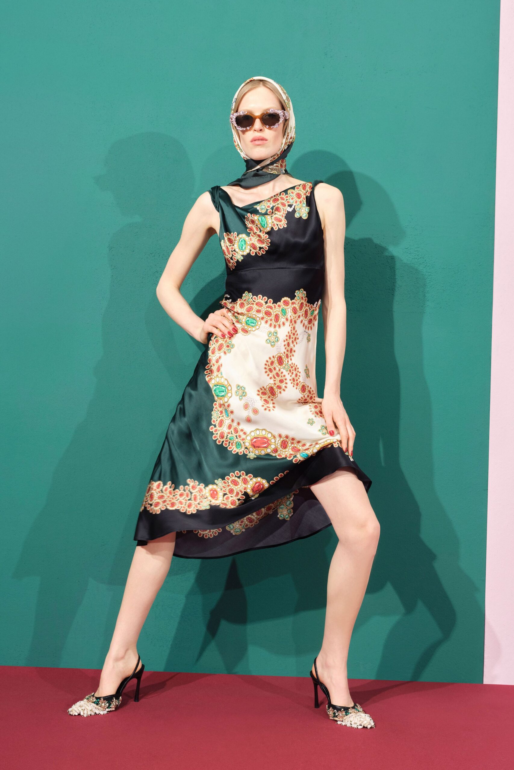 black silk sleeveless high-neck fitted printed draped dress