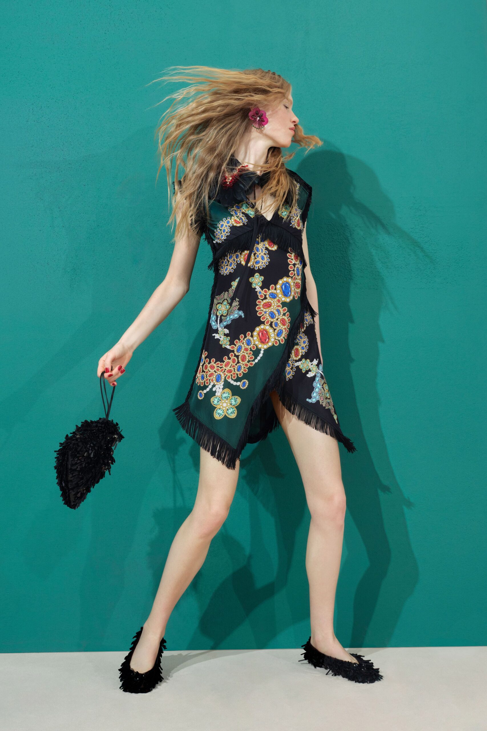 black silk sleeveless v-neck fitted embroidered fringed dress
