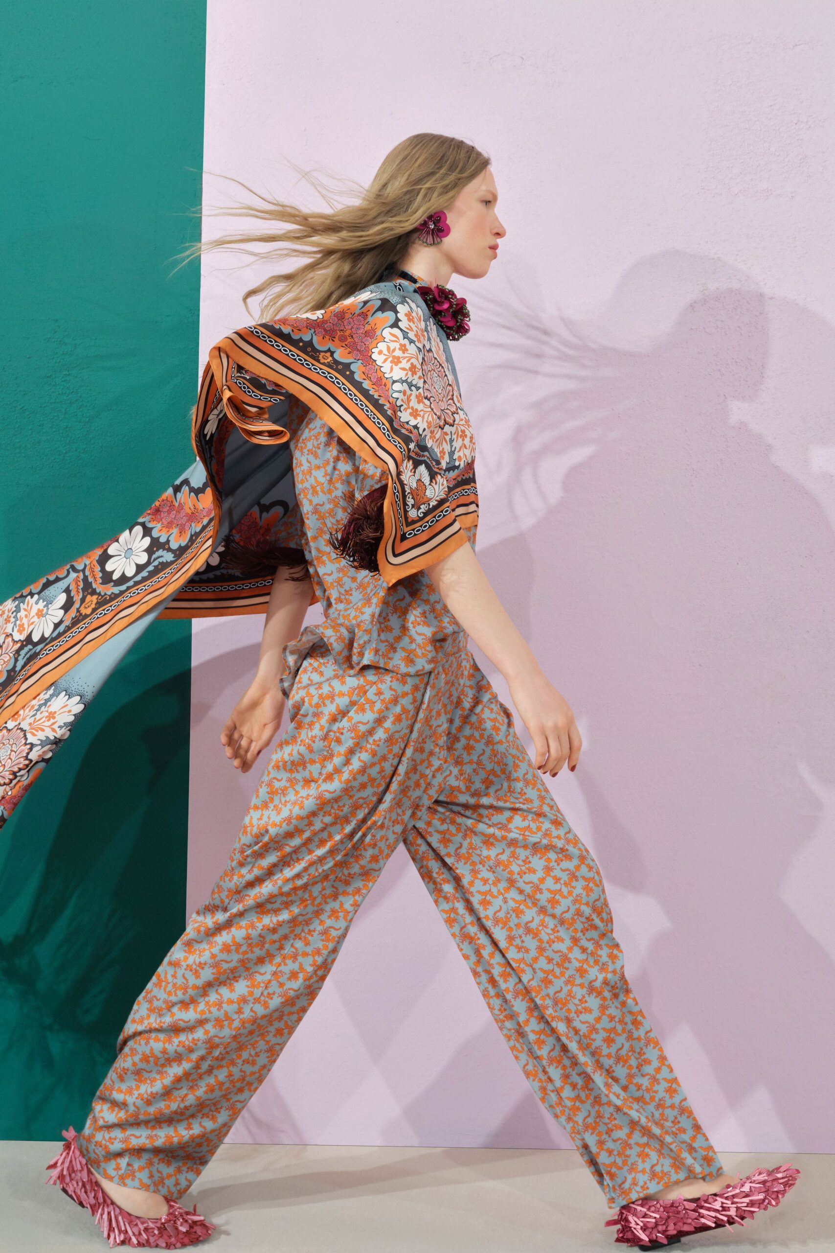 orange cotton relaxed flared printed pants