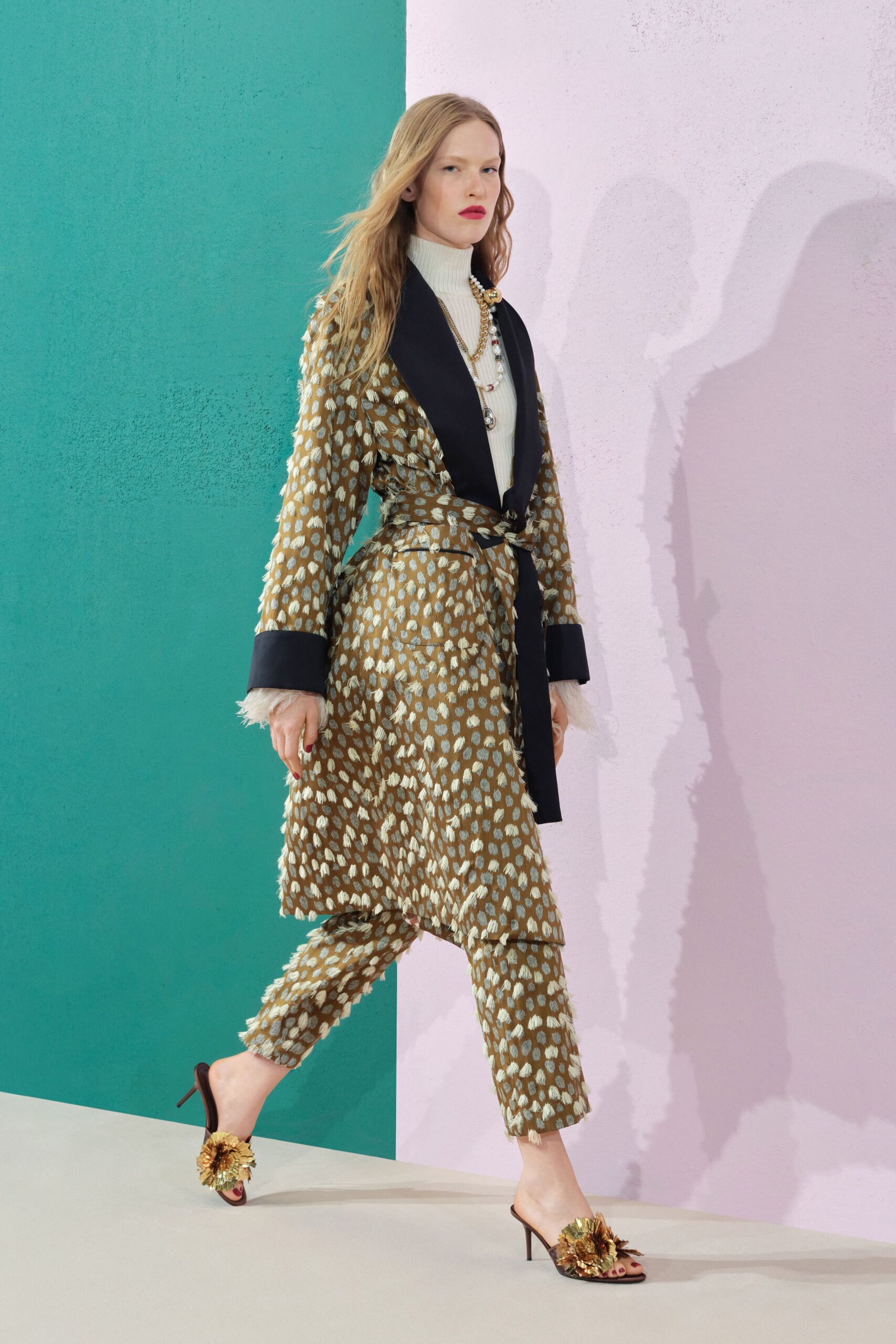 brown silk long-sleeve collared relaxed belted printed jacket