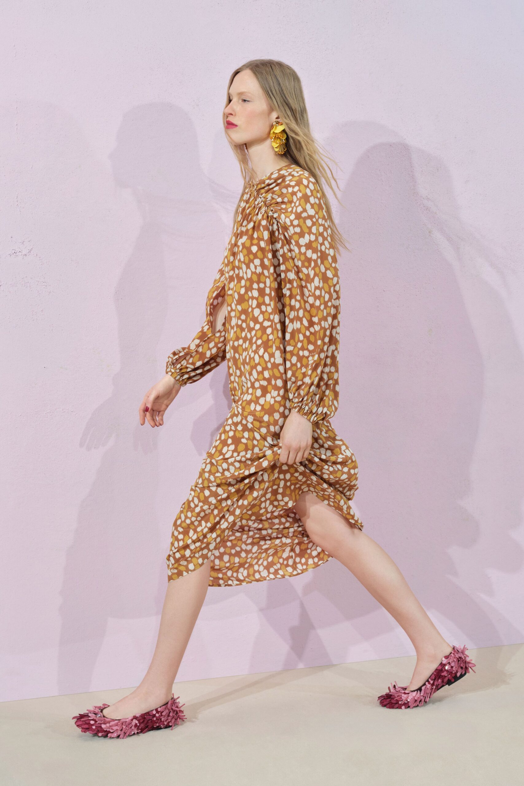 brown silk long-sleeve v-neck relaxed polka-dot tiered dress