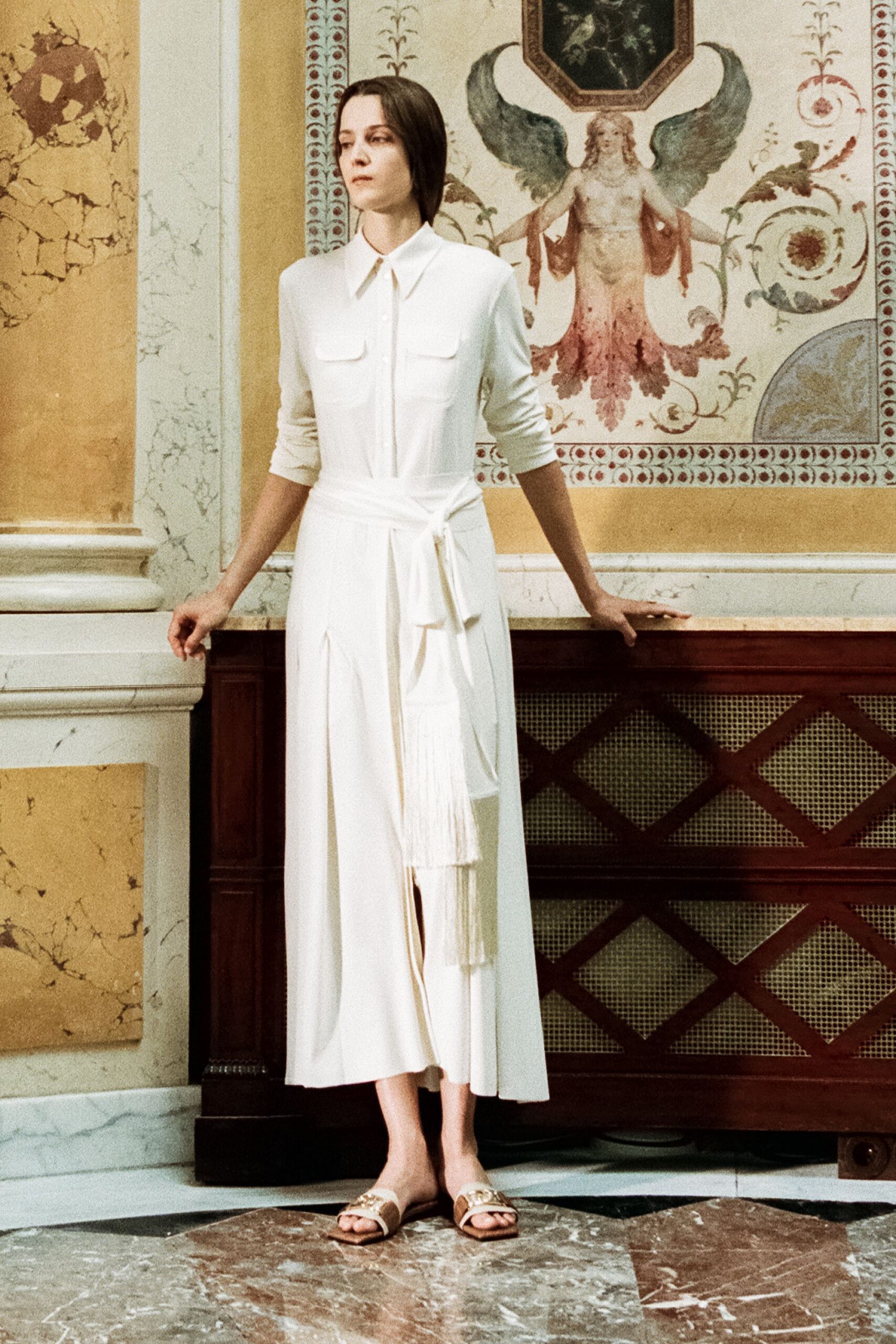 white cotton long-sleeve collared fitted belted pleated shirt-dress