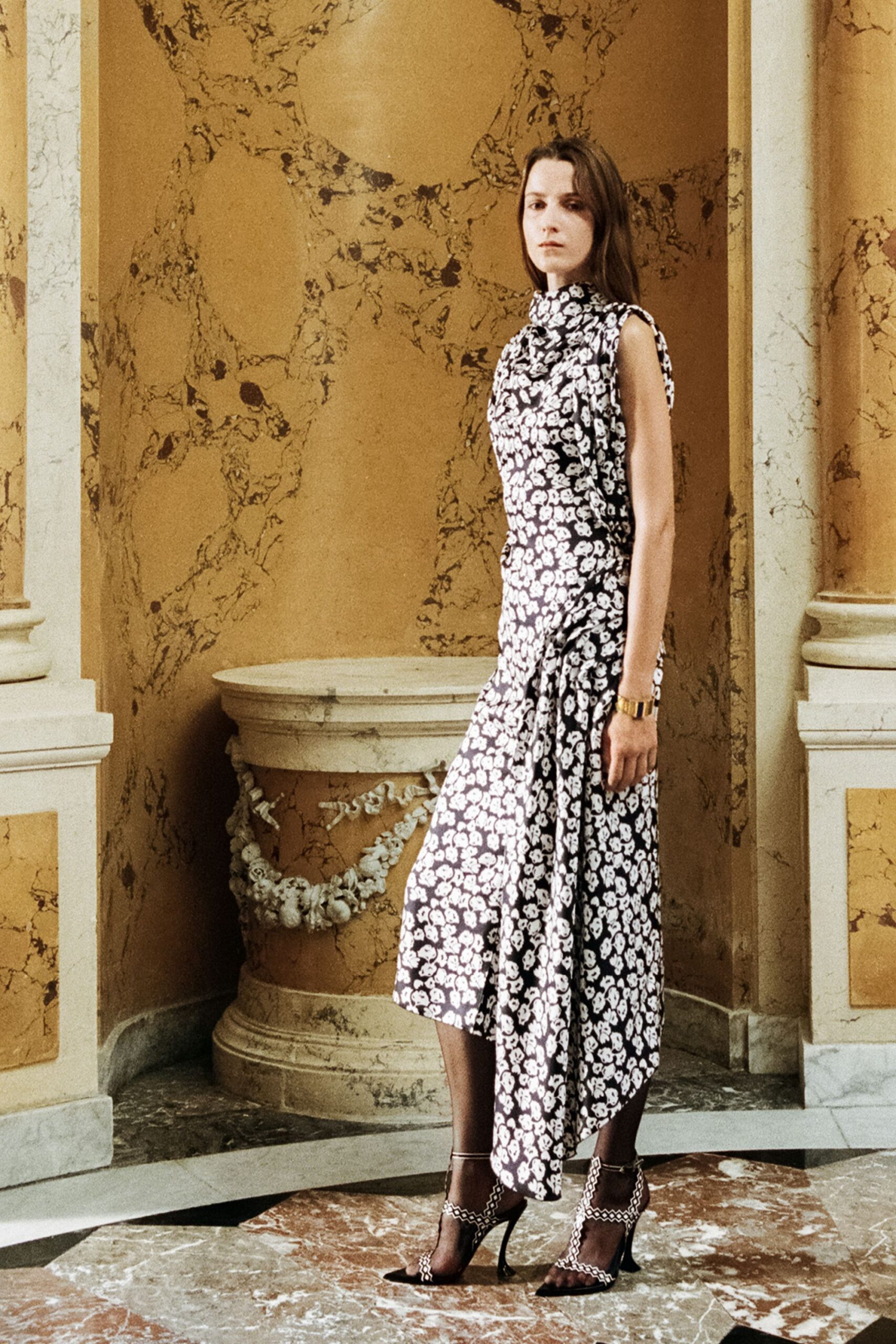 black silk sleeveless high-neck fitted floral draped dress