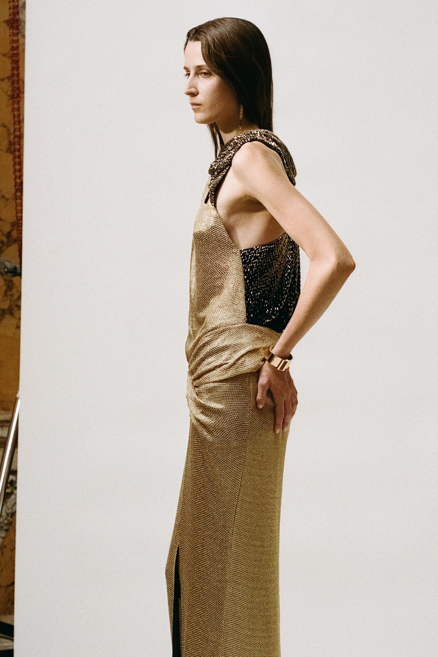 gold silk sleeveless gown