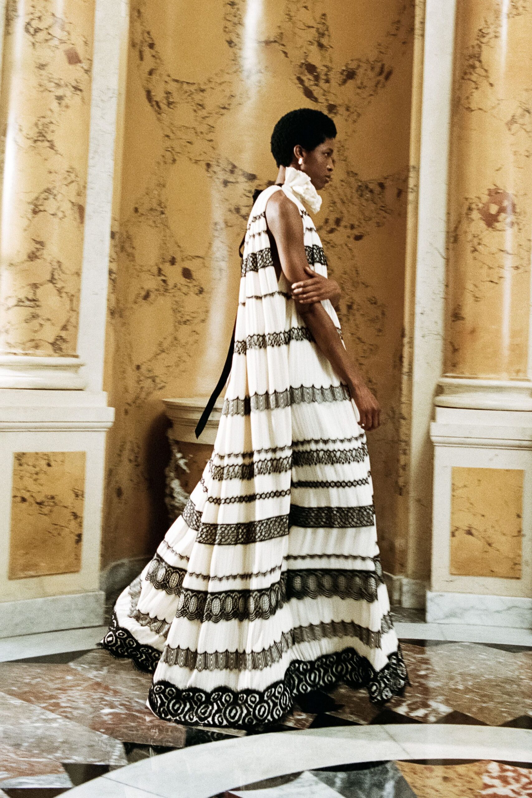 black and white tiered gown