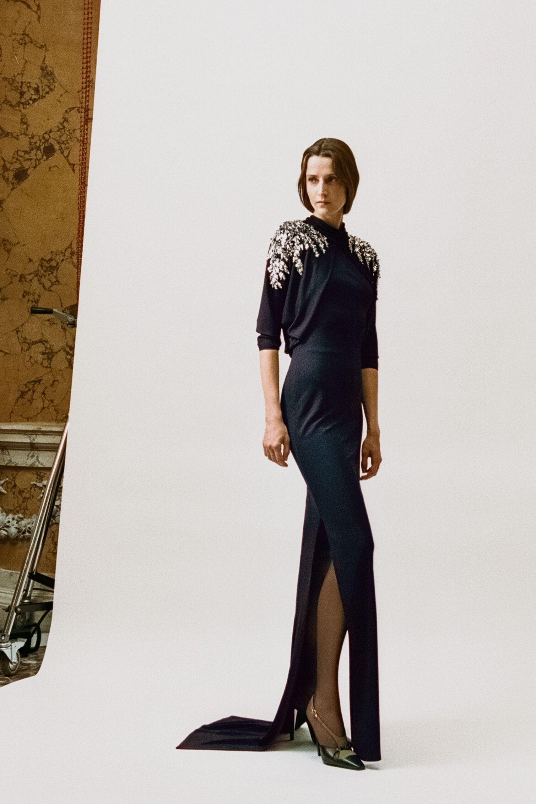 black silk long-sleeve high-neck fitted embellished maxi dress