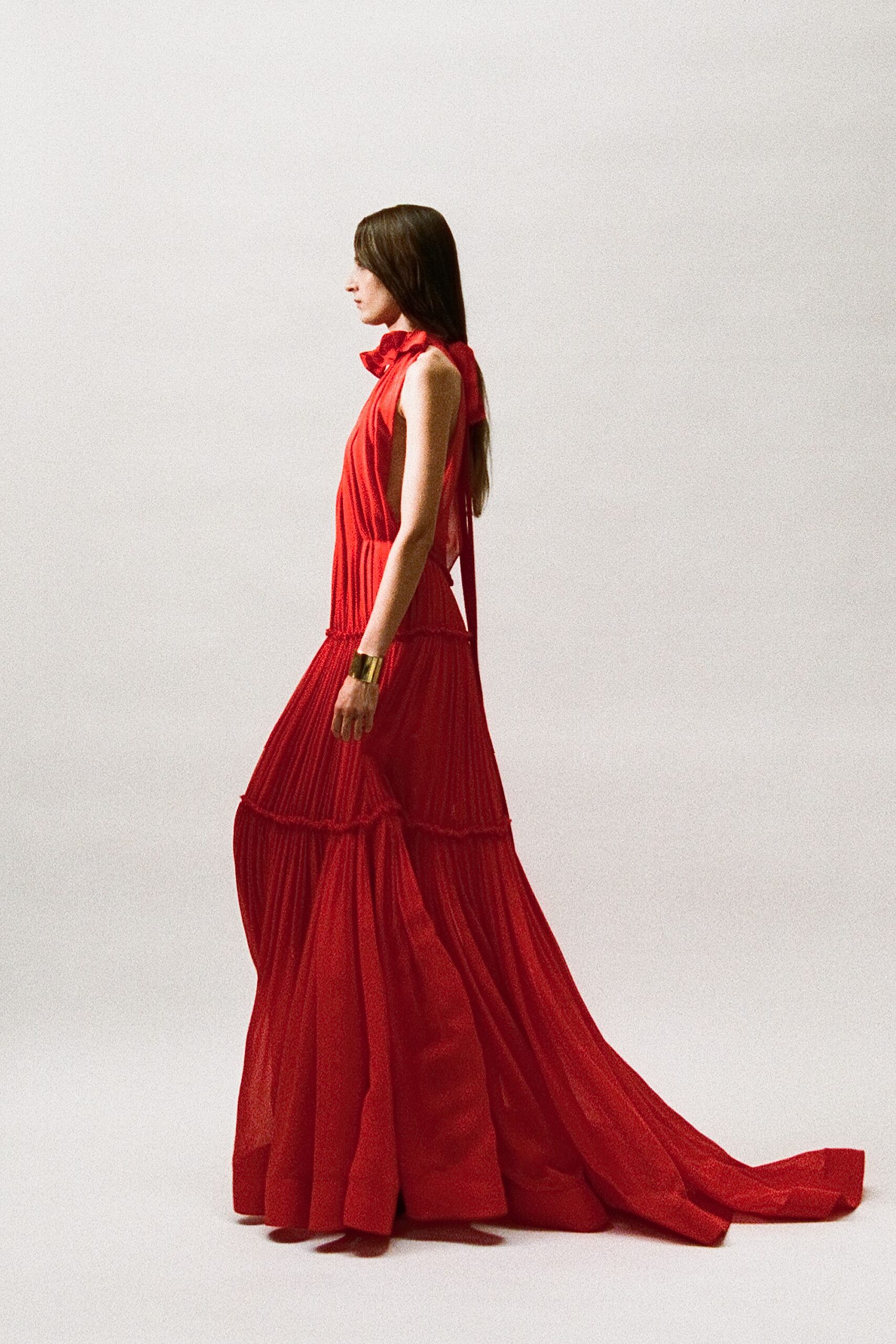 red silk sleeveless gown