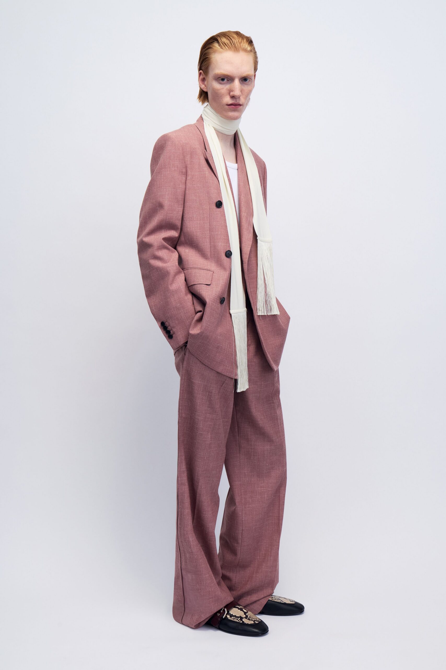 pink cotton long-sleeve collared tailored buttoned wide-leg suit