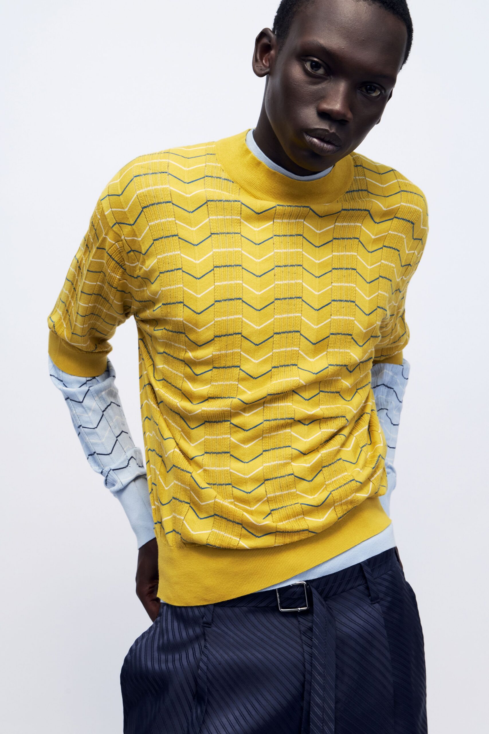 yellow cotton long-sleeve high-neck fitted striped textured top