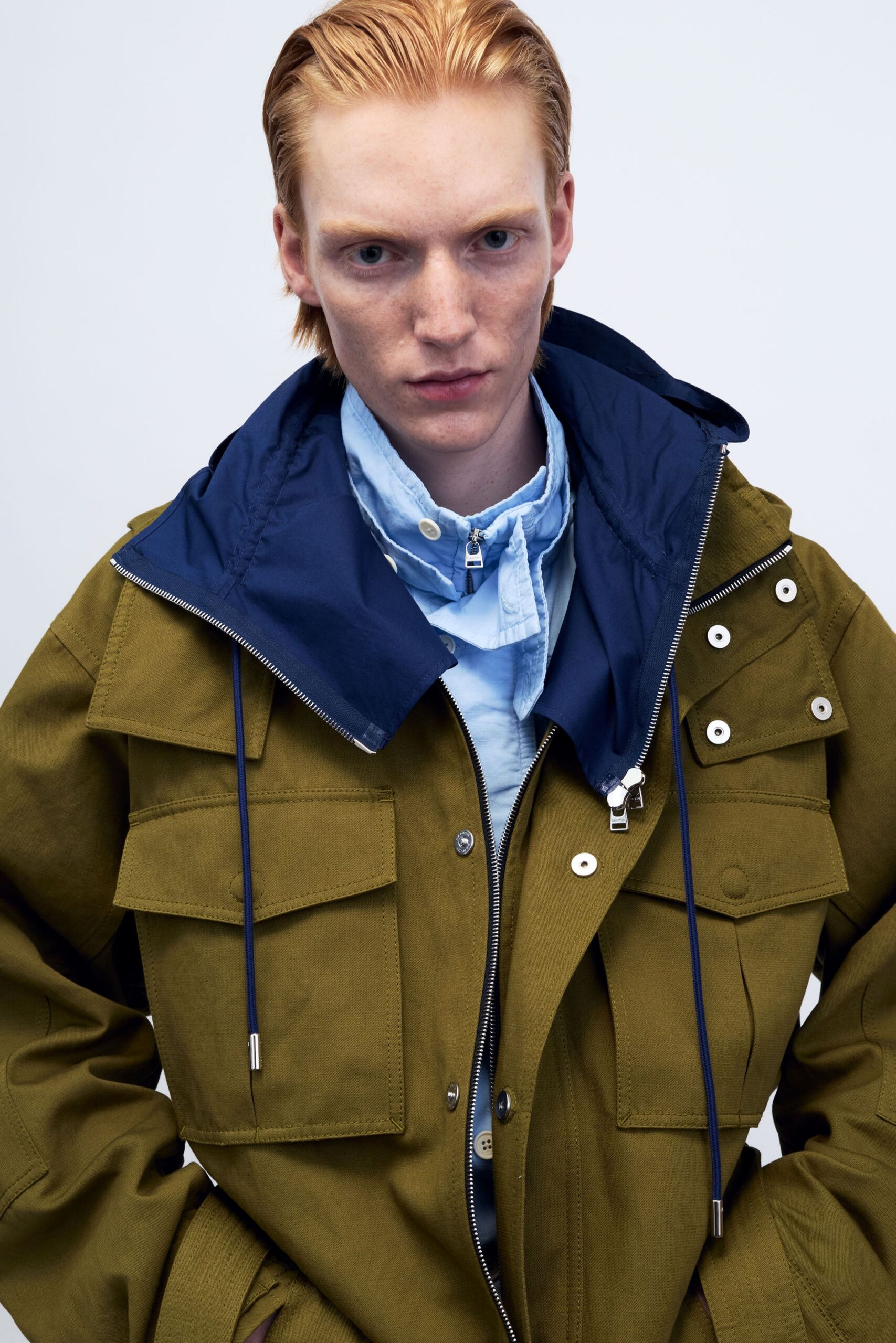 green cotton long-sleeve collared relaxed buttoned pockets jacket