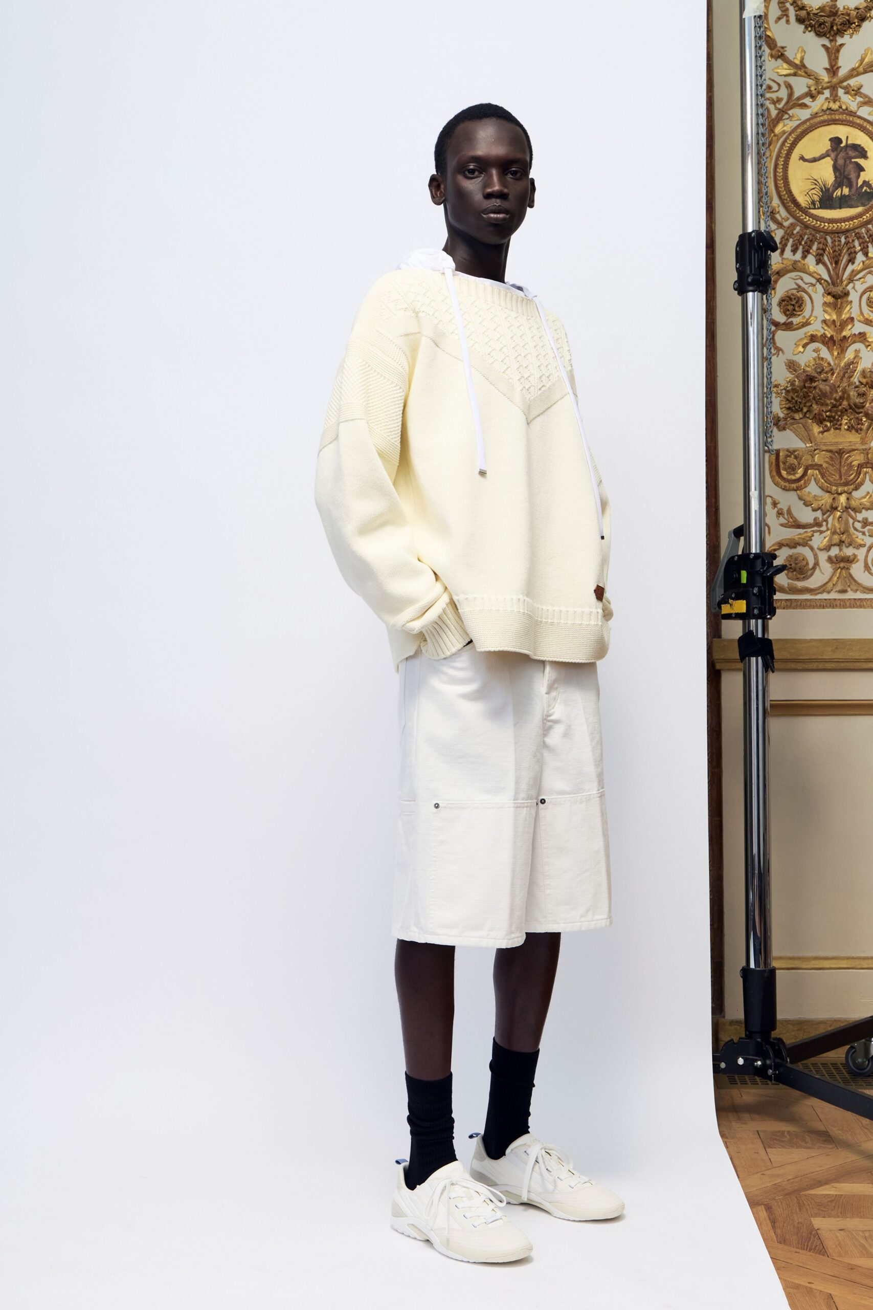 white cotton long-sleeve hooded oversized textured sweater