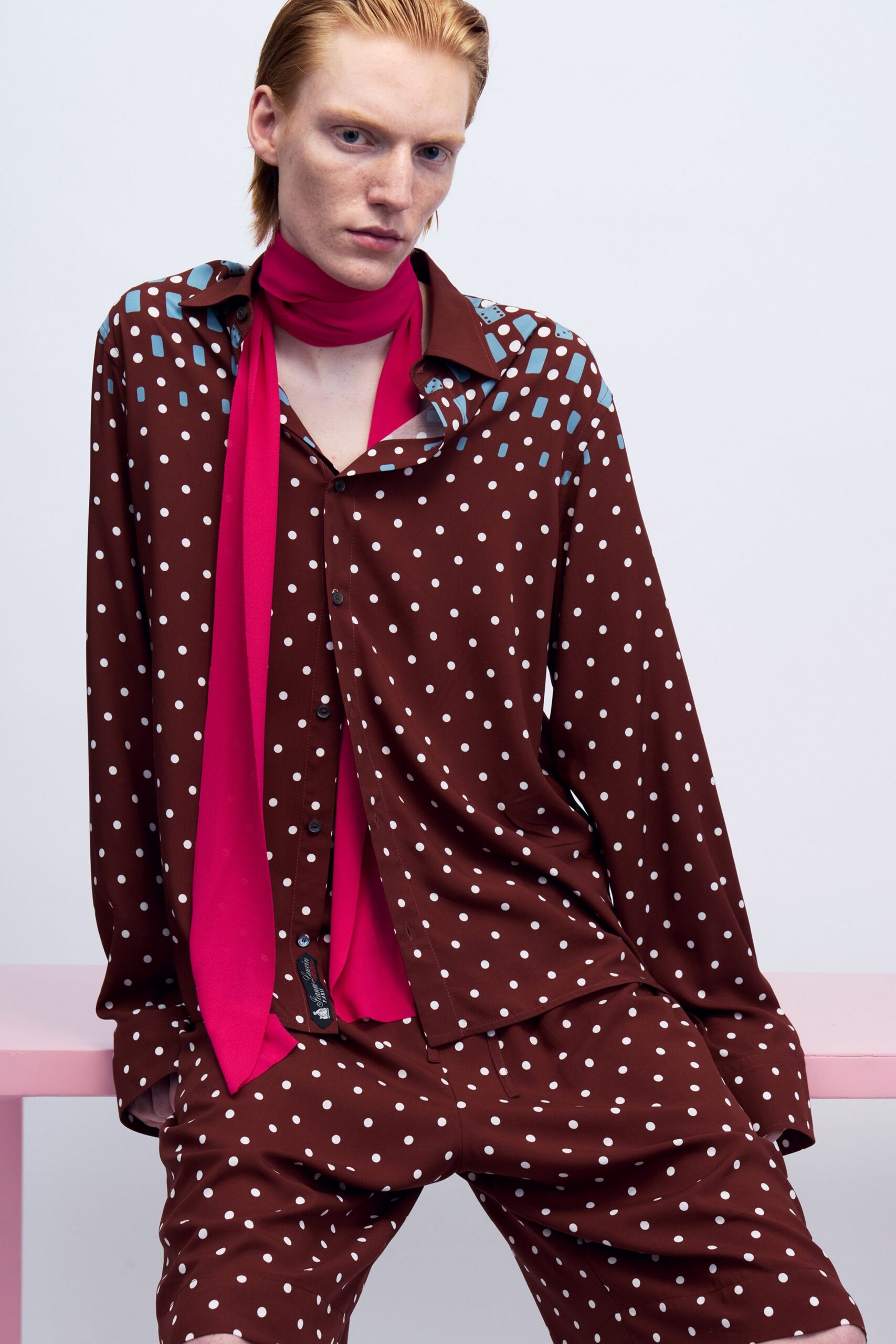 brown cotton long-sleeve collared relaxed polka-dot shirt