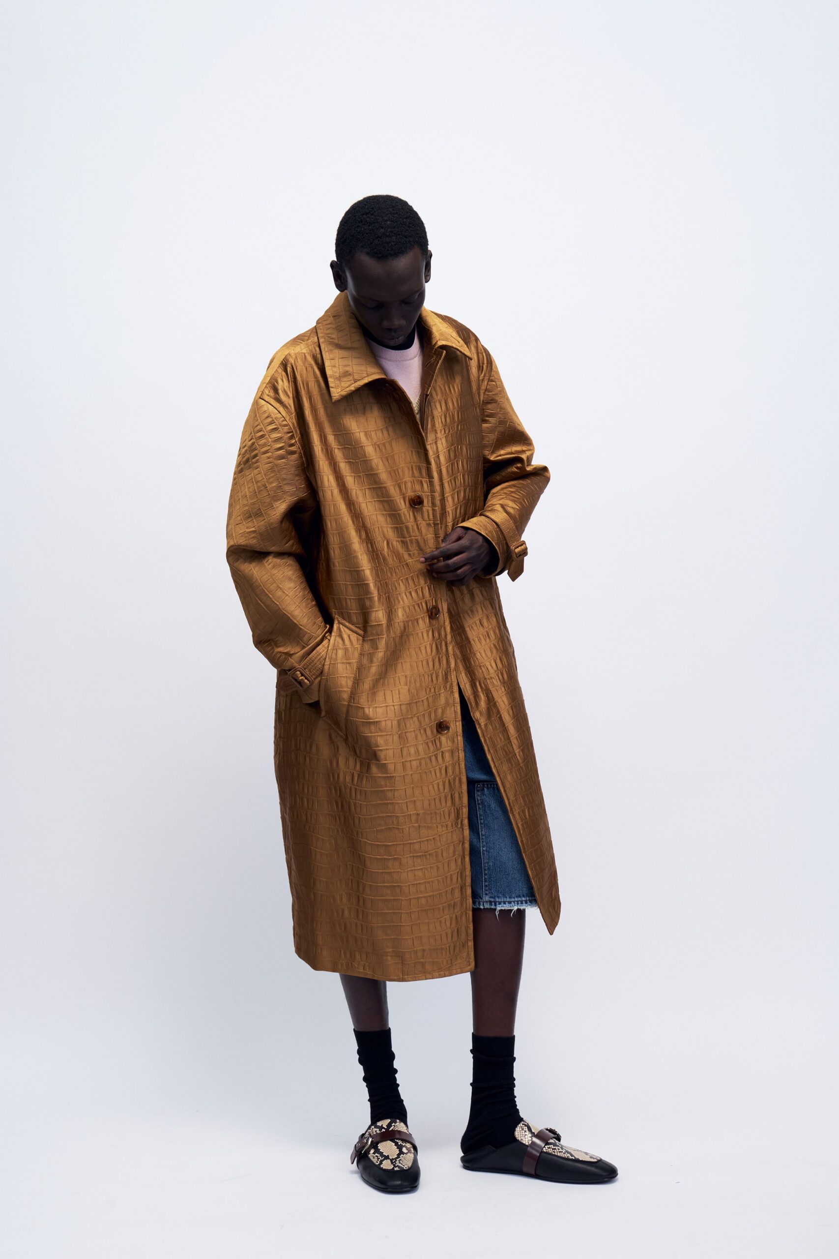 brown silk long-sleeve collared oversized buttoned coat