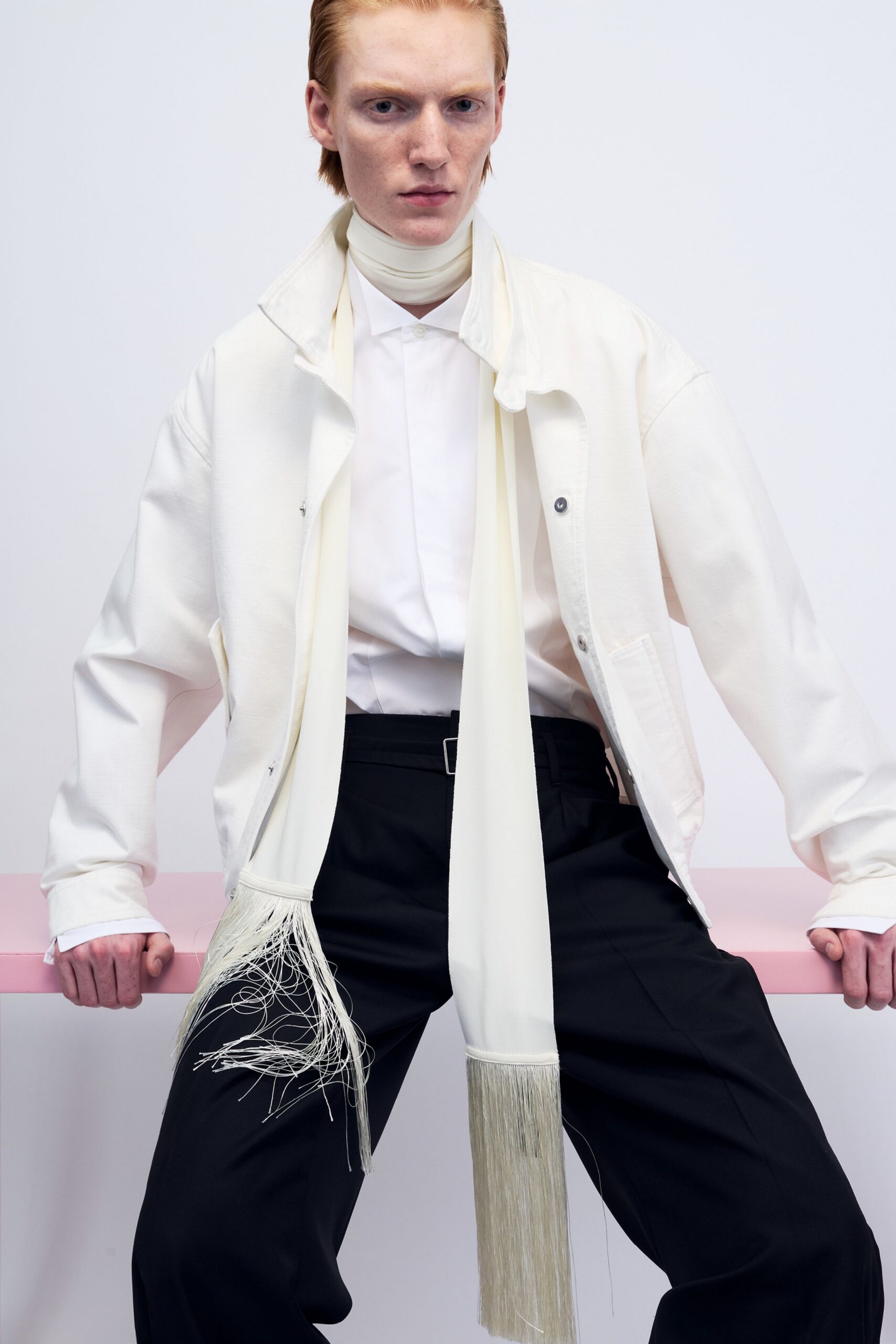 white cotton long-sleeve collared relaxed buttoned jacket