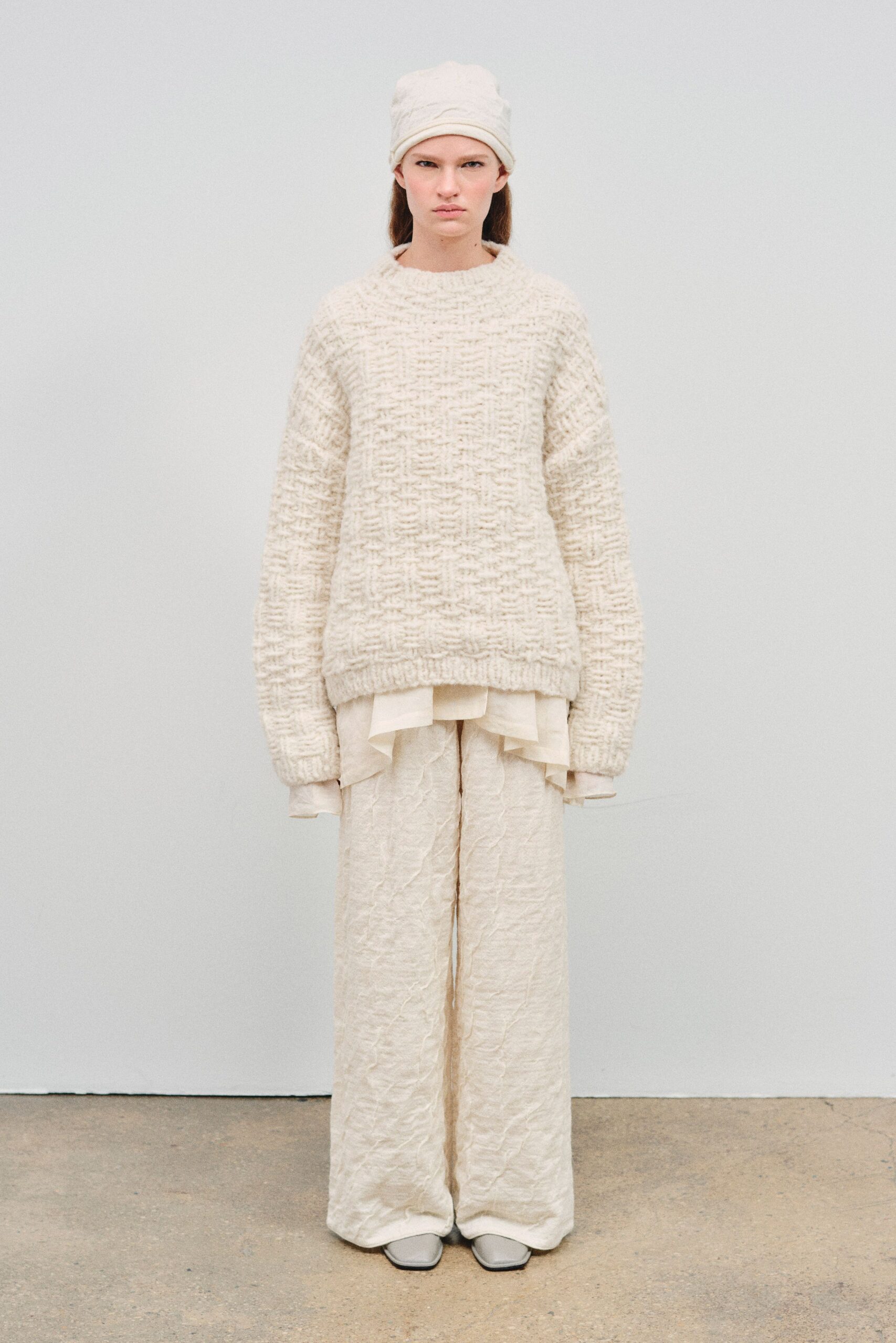 white cotton long-sleeve collared oversized textured sweater