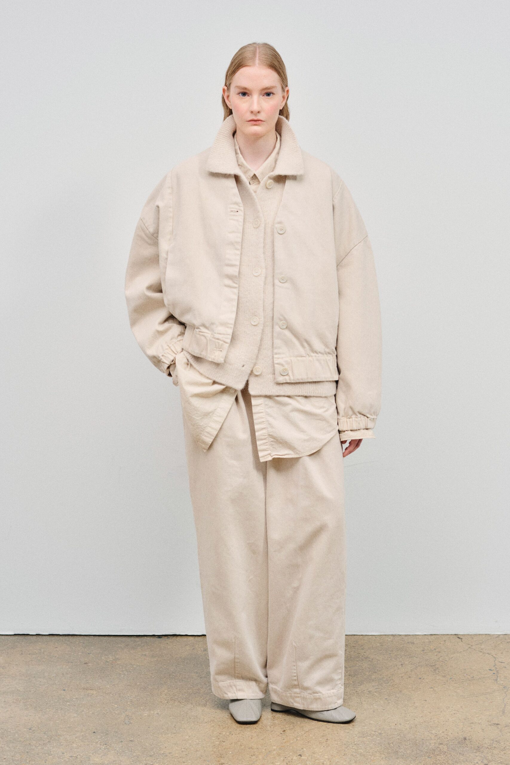 beige cotton long-sleeve collared oversized jacket