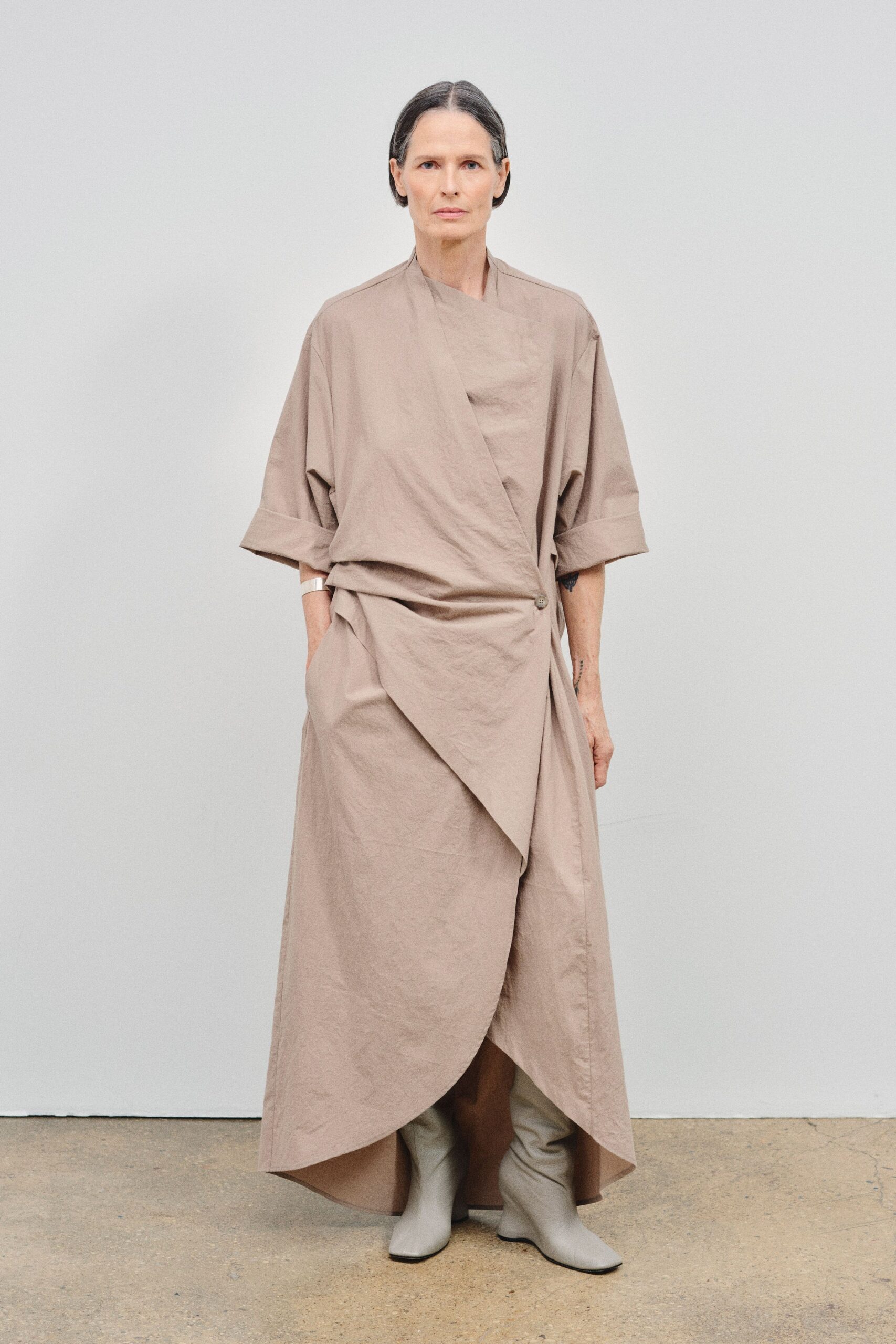 beige cotton short-sleeve collared relaxed draped maxi dress