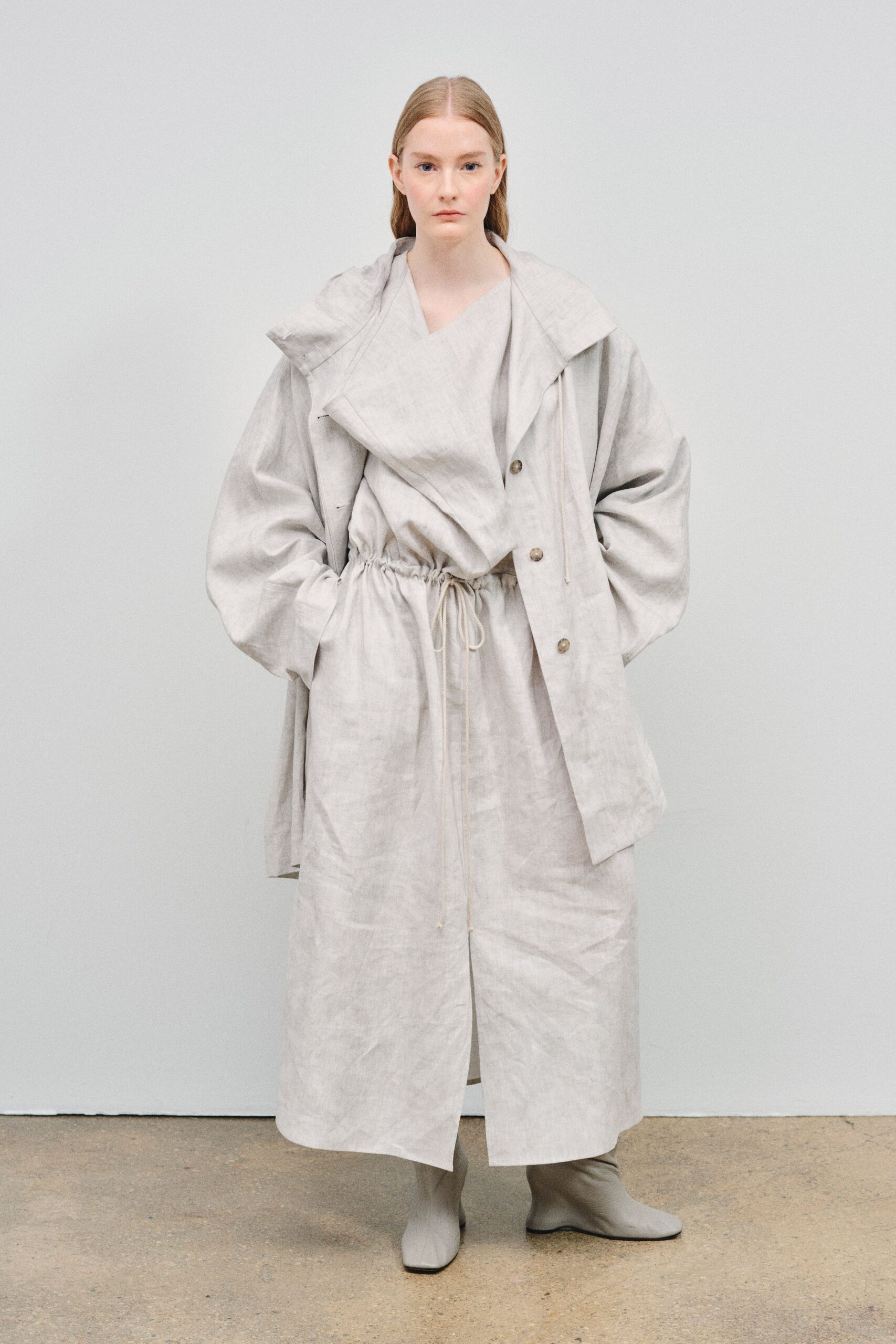 gray linen long-sleeve collared oversized buttoned maxi coat