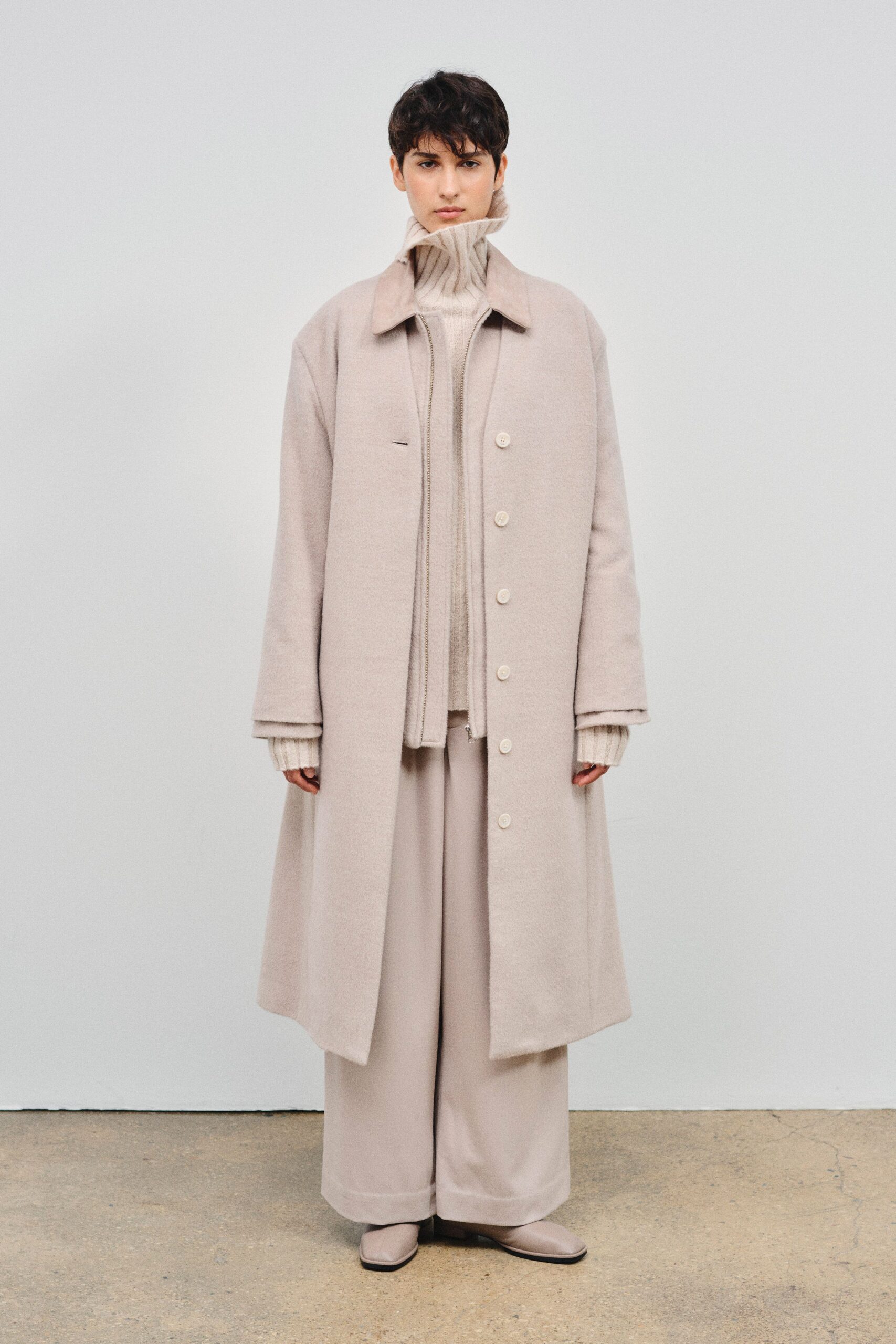 beige wool long-sleeve collared relaxed buttoned maxi coat