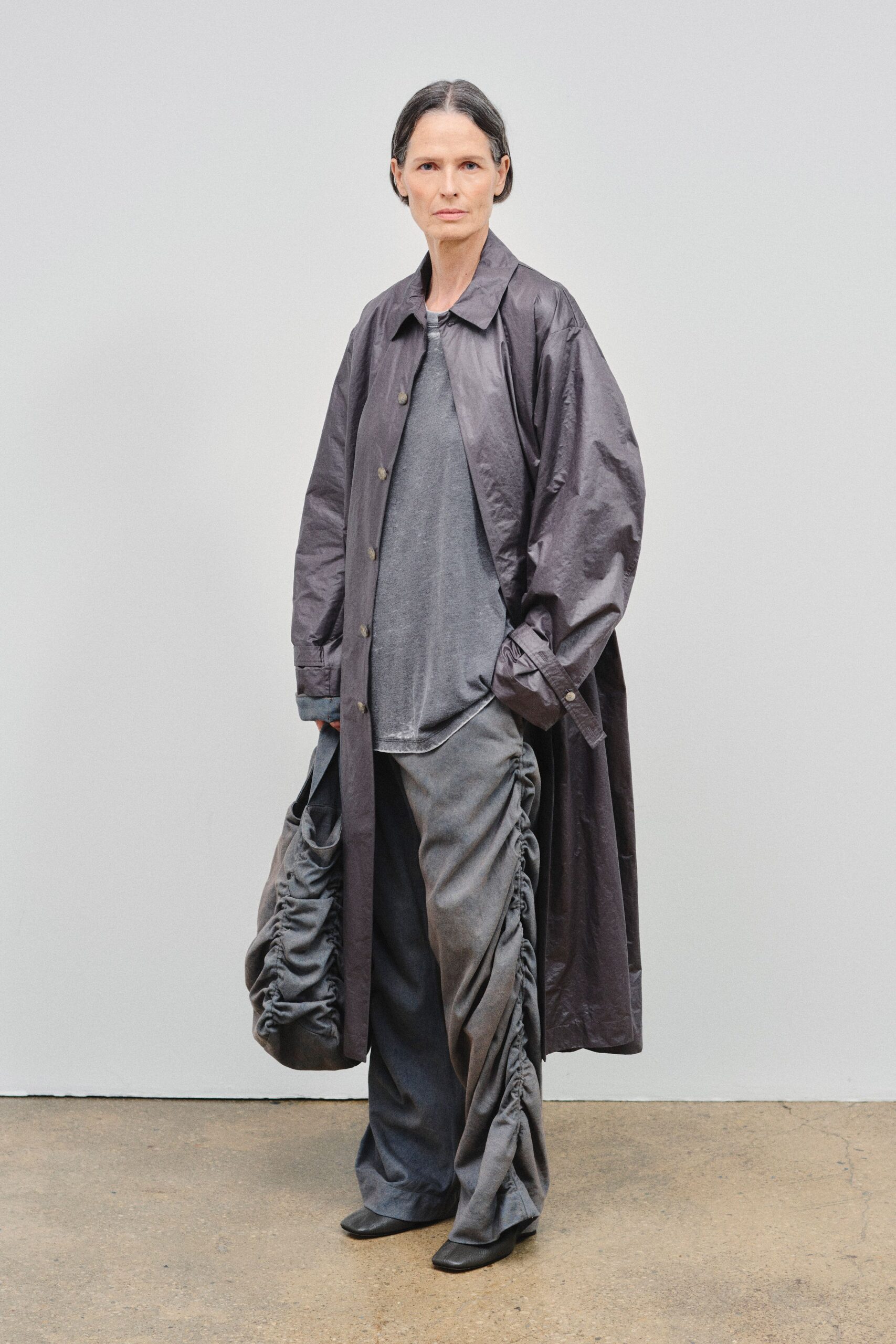 gray cotton long-sleeve collared oversized buttoned maxi coat