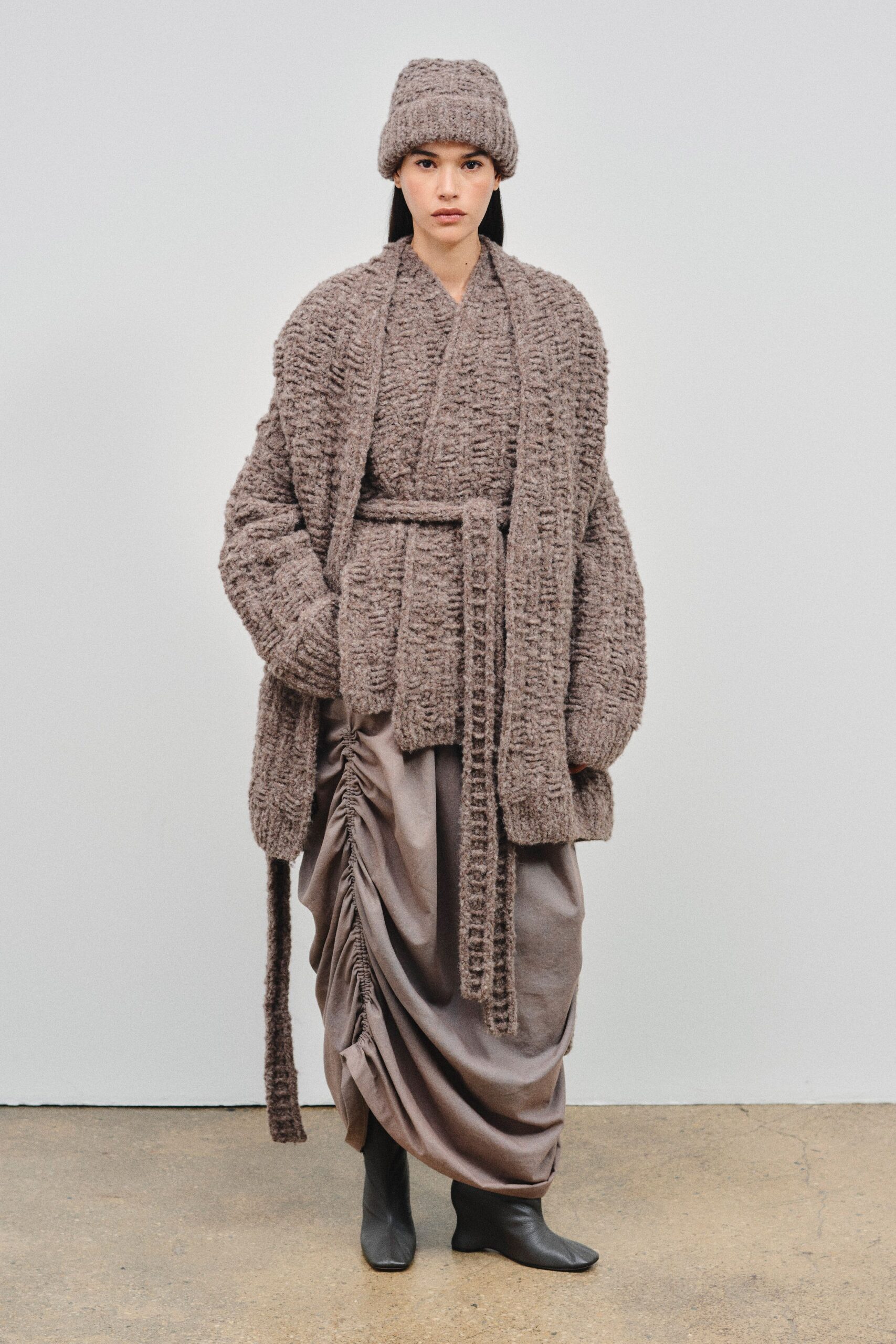 brown wool long-sleeve oversized textured coat