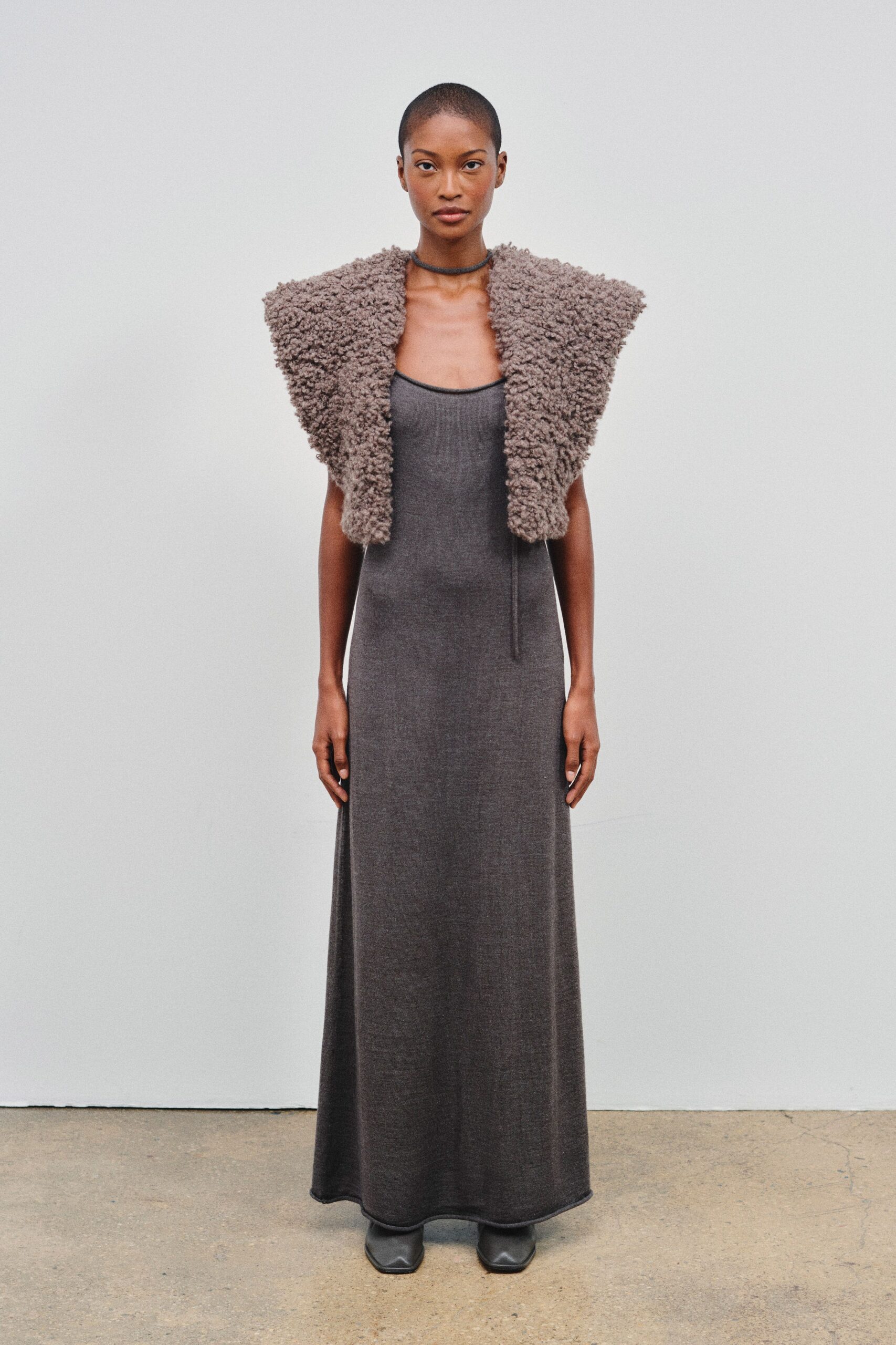 gray wool sleeveless v-neck fitted maxi gown