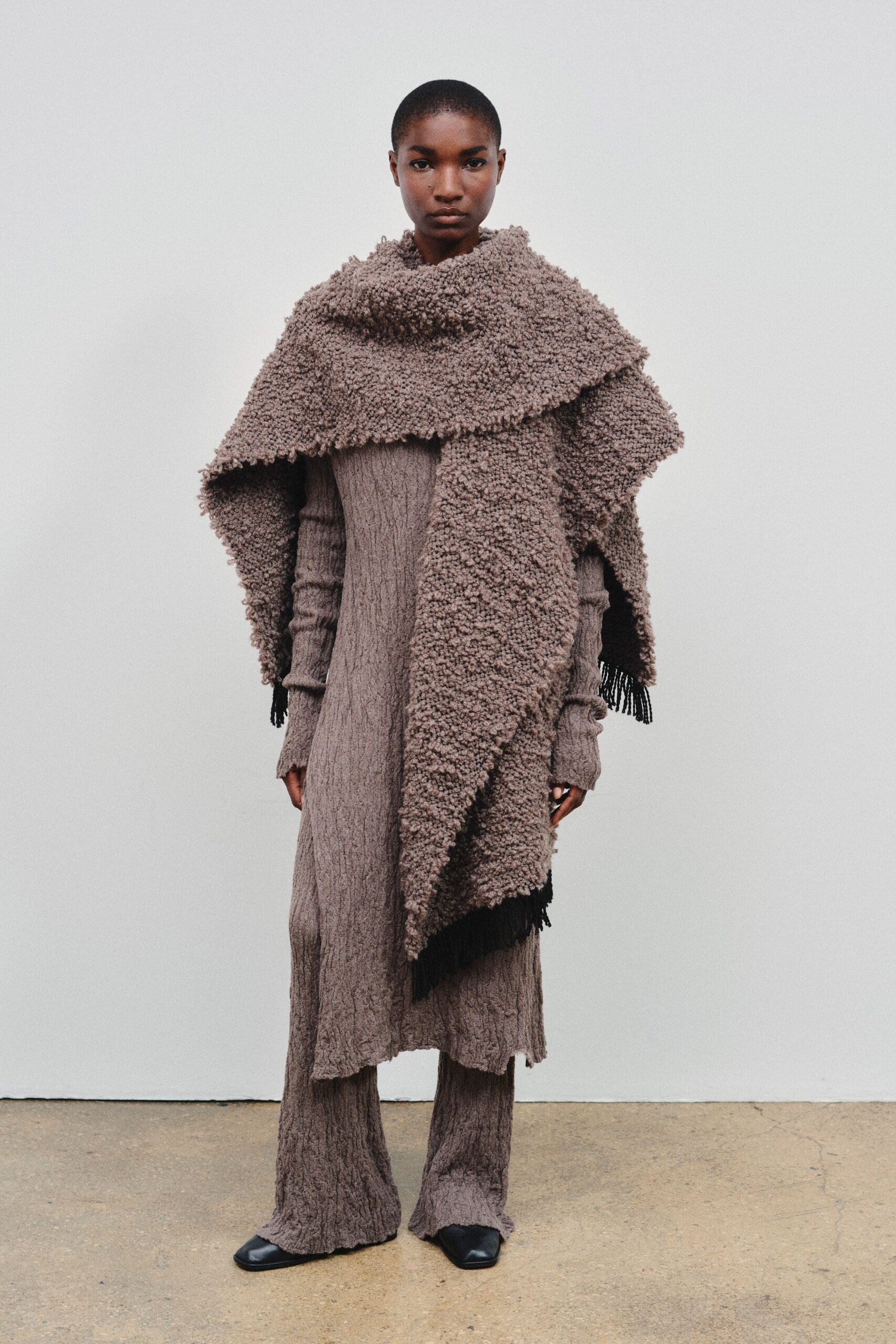 brown wool long-sleeve high-neck fitted layered textured dress