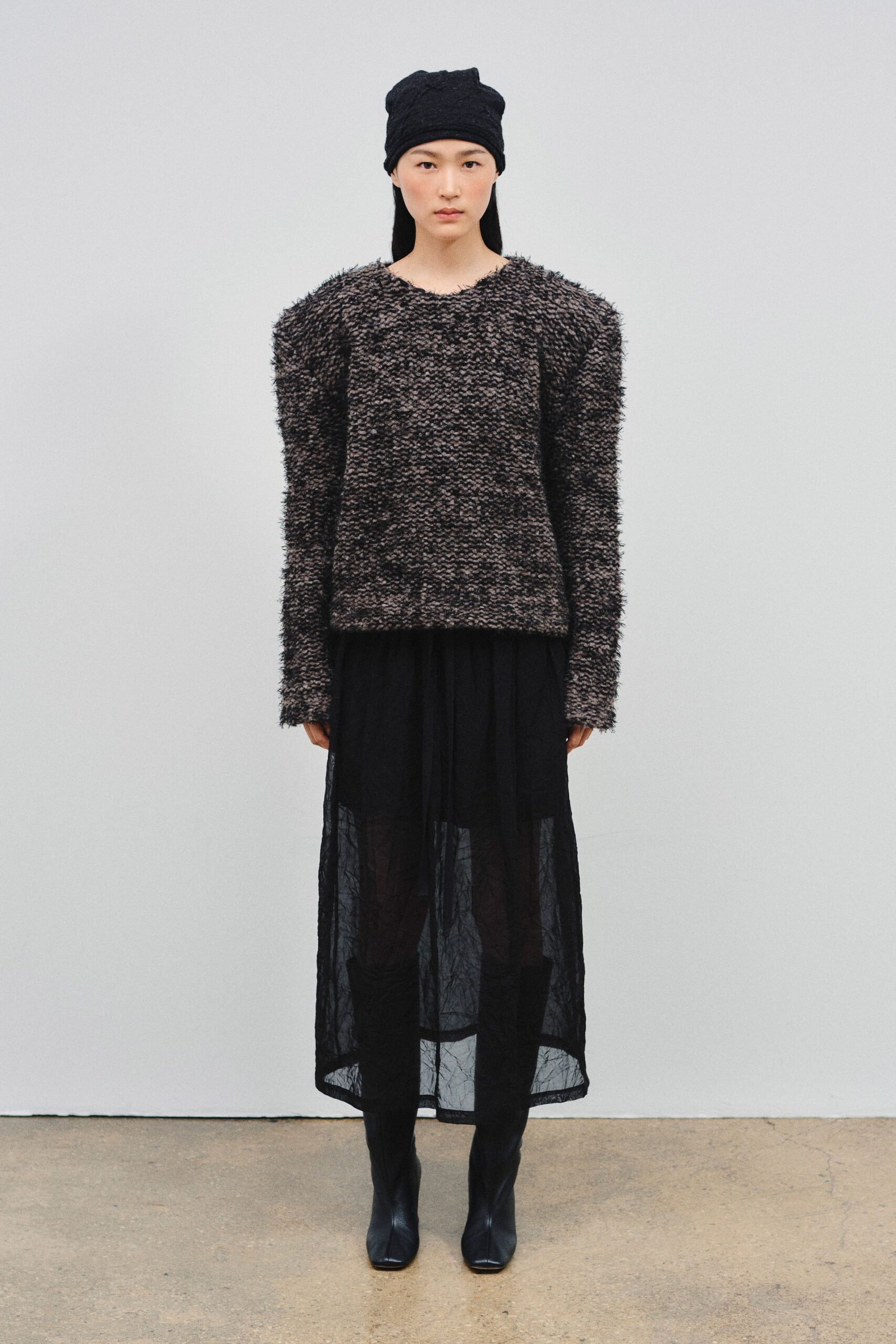black chiffon long-sleeve fitted layered sheer maxi skirt