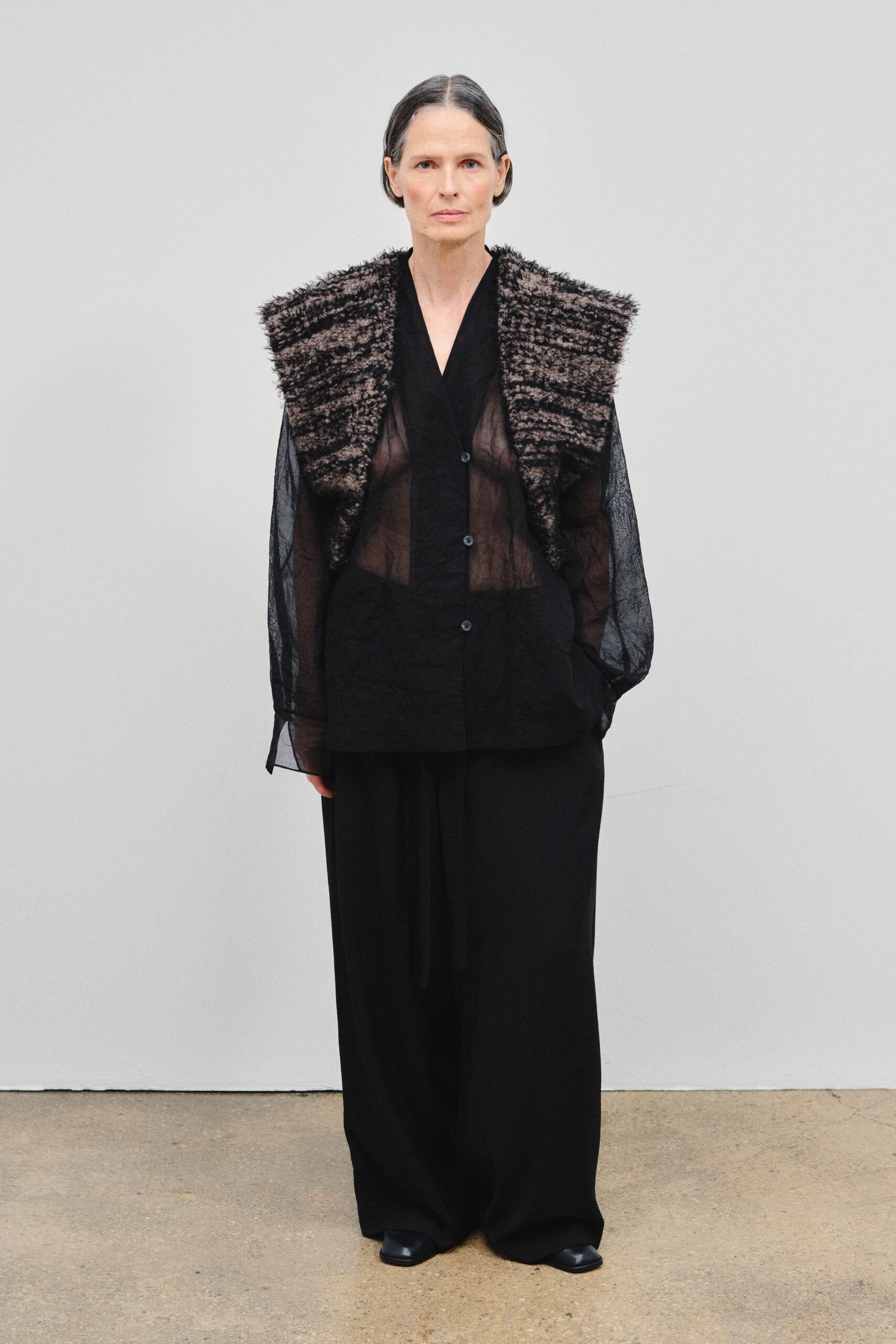 black silk long-sleeve collared relaxed sheer blouse