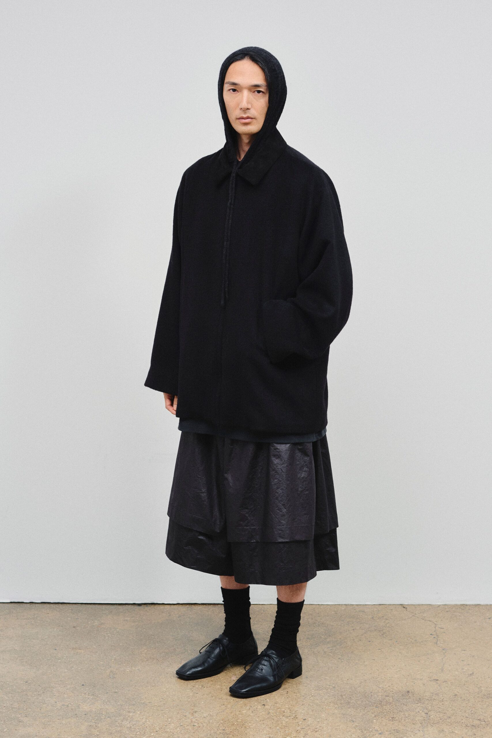 black wool hooded oversized coat