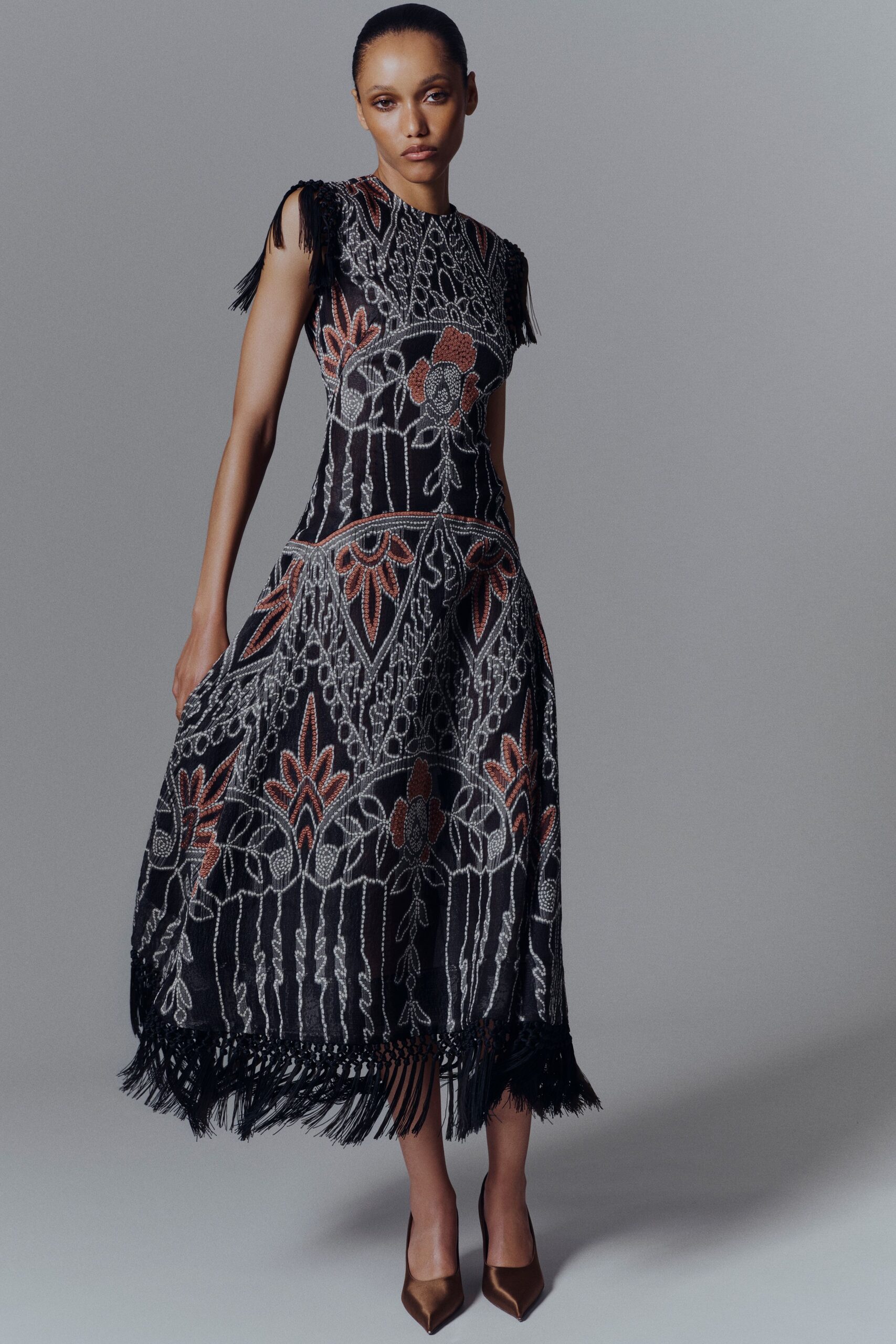 black silk short-sleeve high-neck fitted embroidered fringed dress