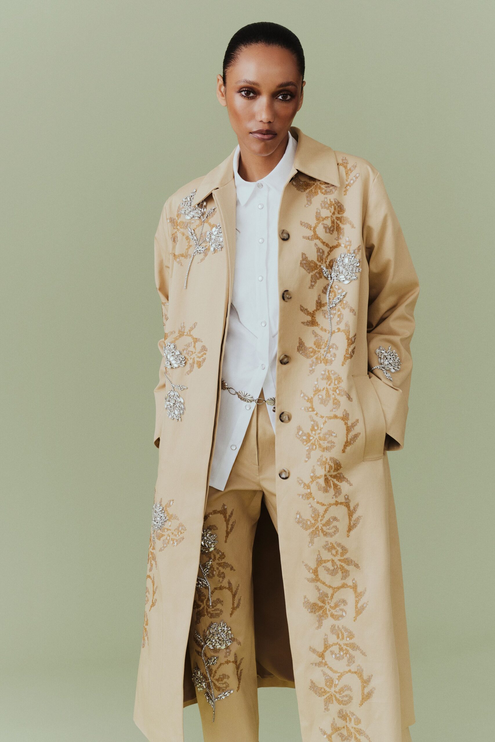 beige cotton long-sleeve collared relaxed embroidered buttoned coat