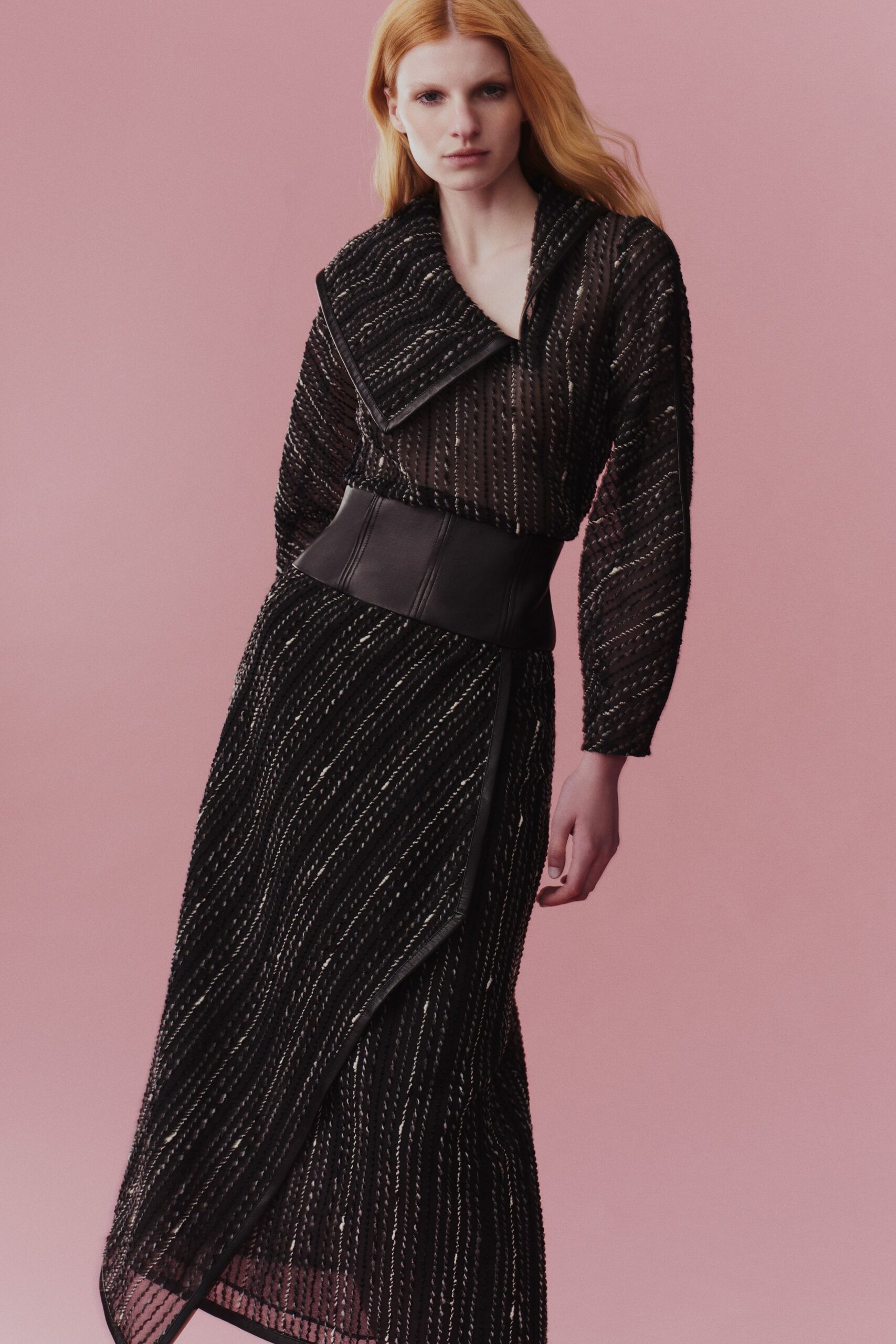 black silk long-sleeve v-neck fitted pleated embellished dress