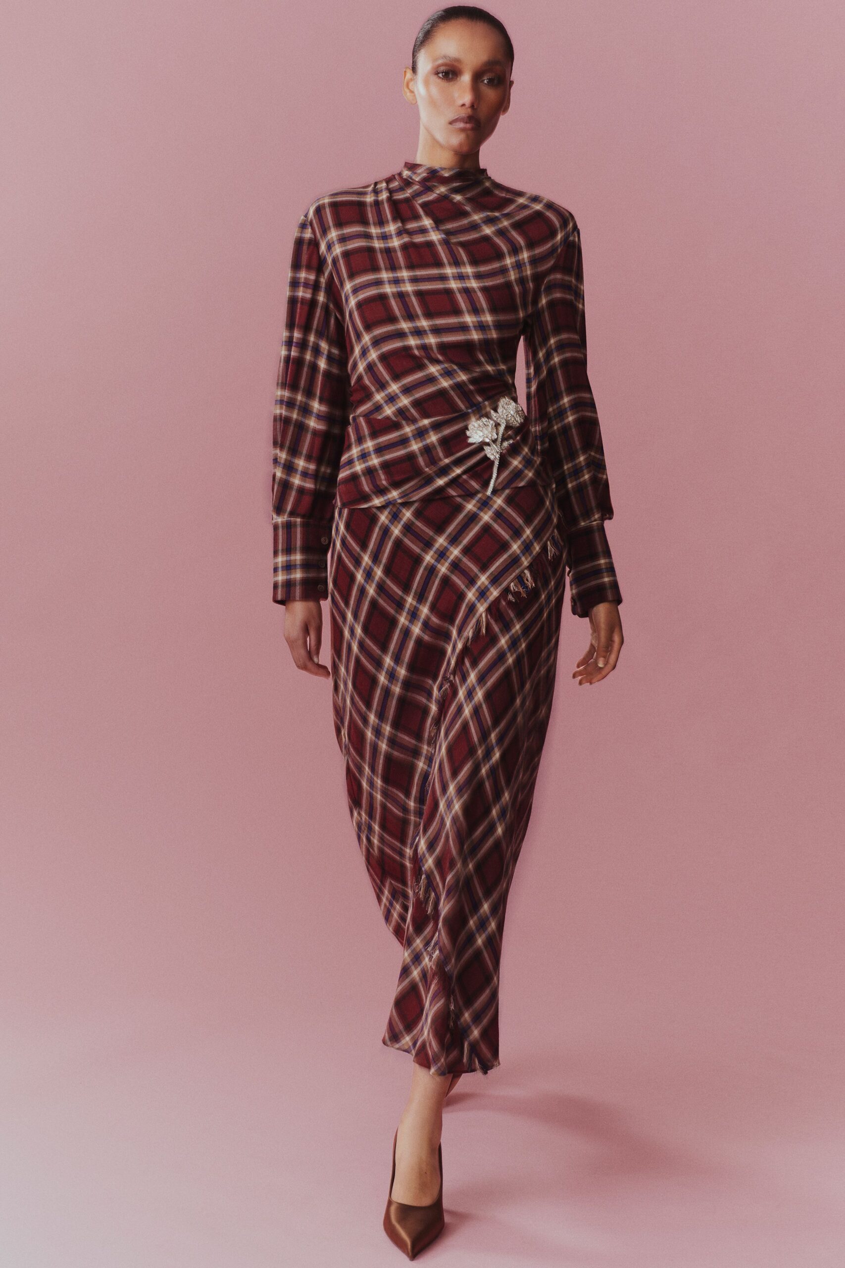 red silk long-sleeve high-neck fitted checked draped dress