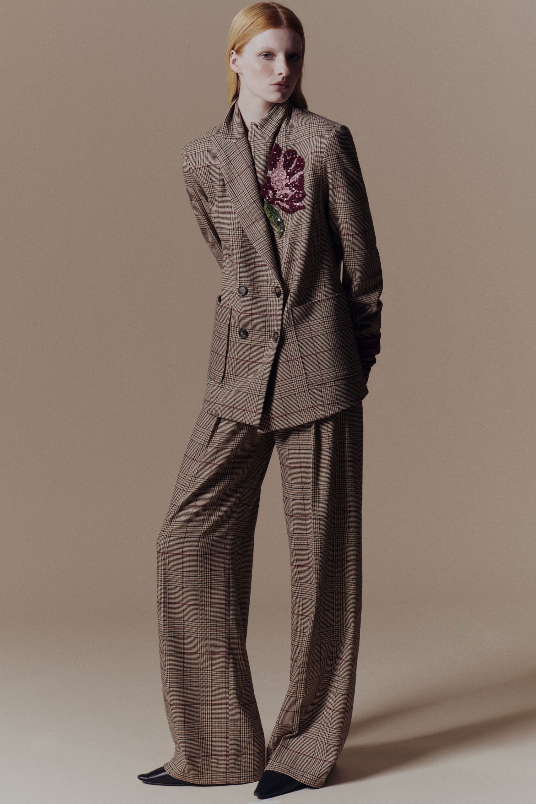 brown wool relaxed checked wide-leg pants