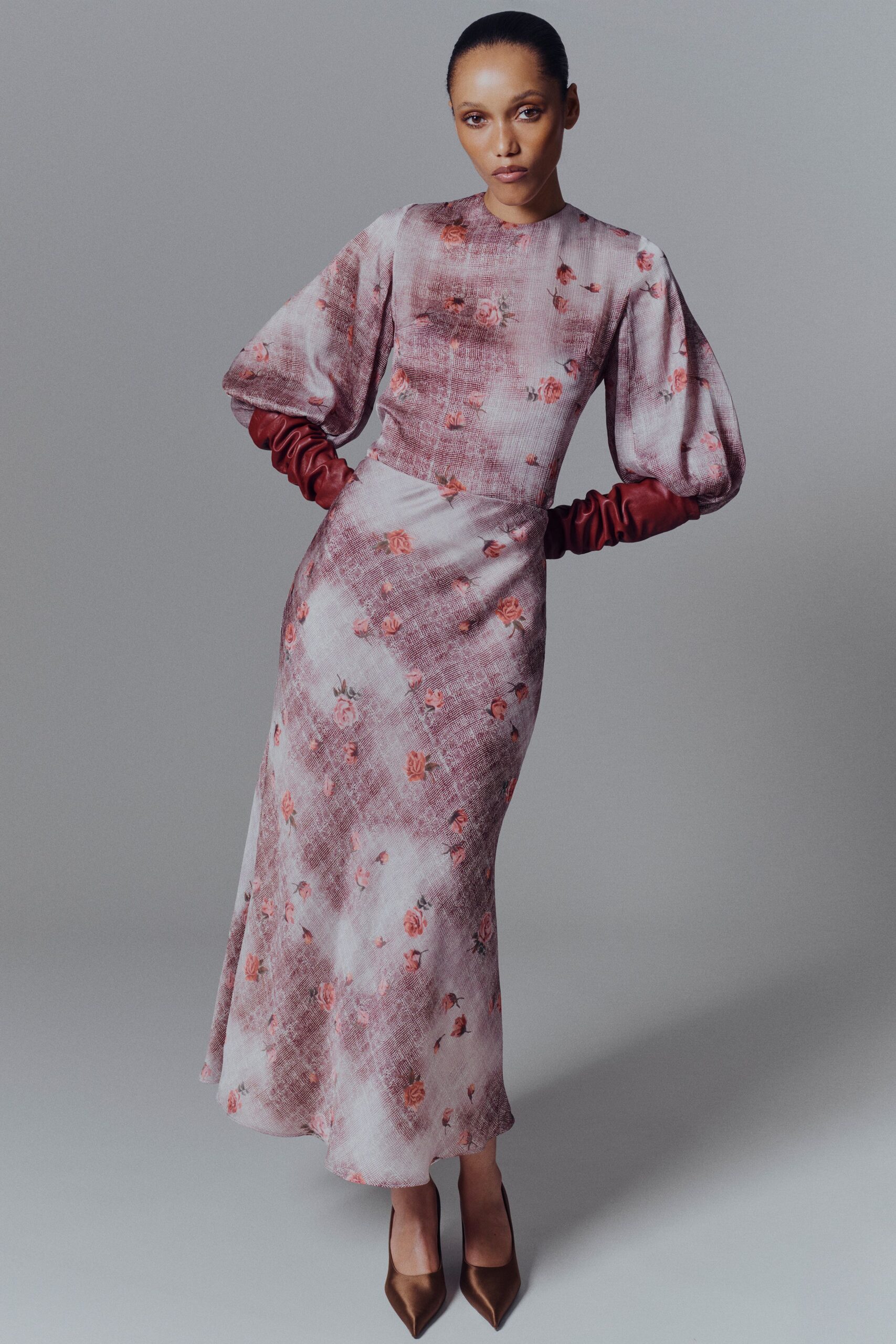 pink silk long-sleeve high-neck fitted floral pleated dress