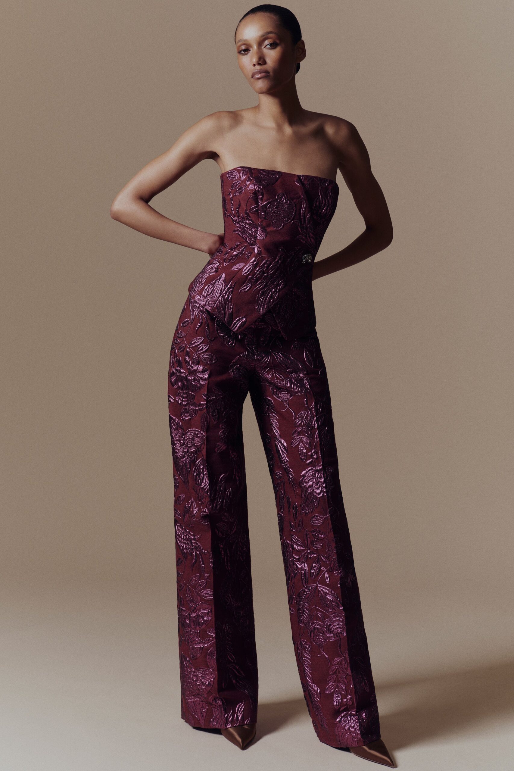 maroon silk strapless fitted embroidered jumpsuit