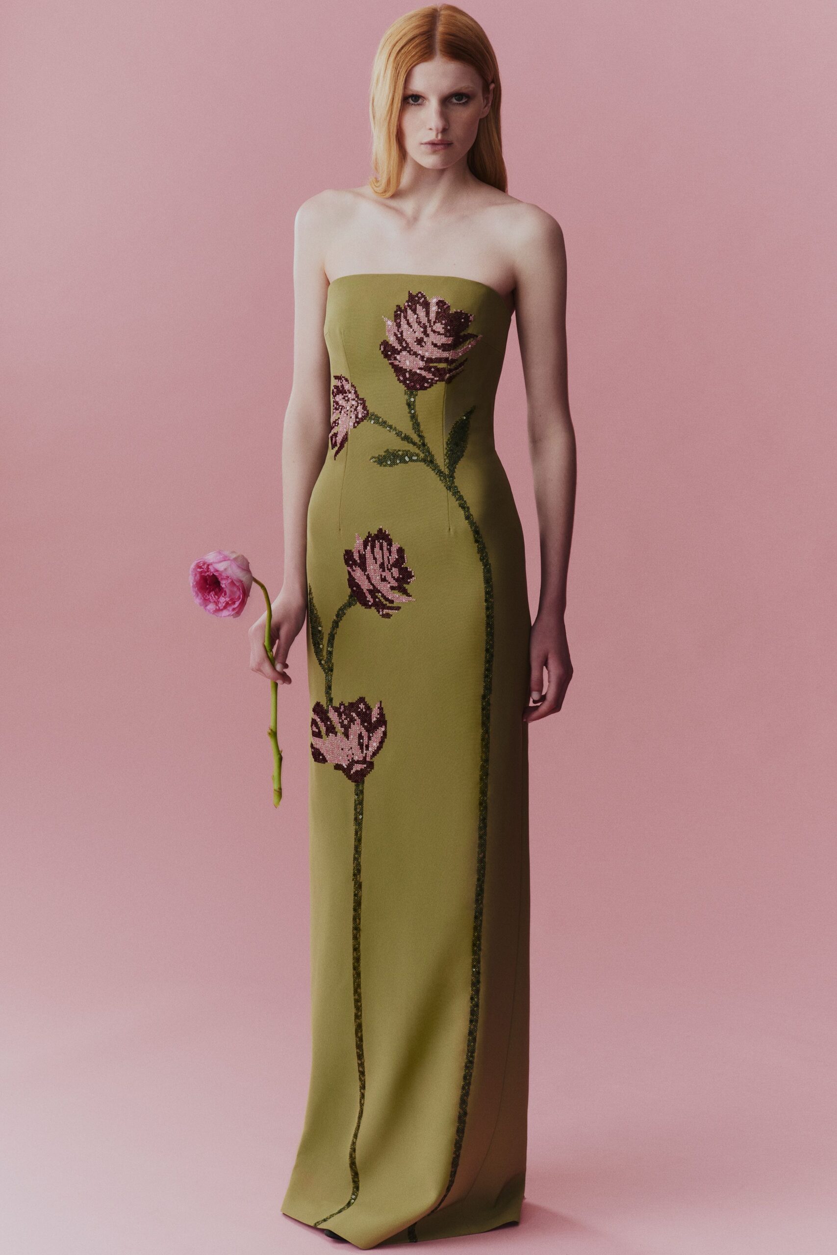 green embroidered strapless gown