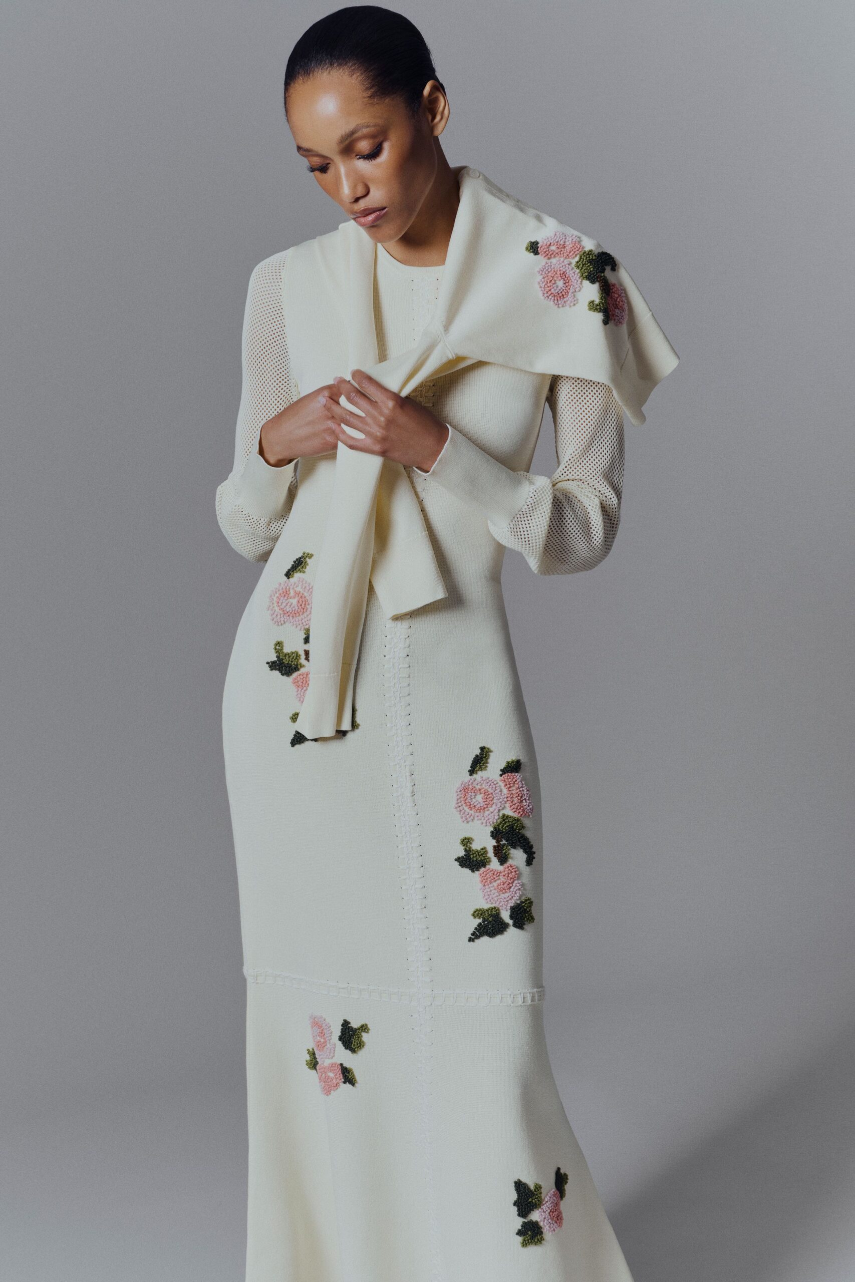 white cotton long-sleeve v-neck fitted embroidered tiered dress