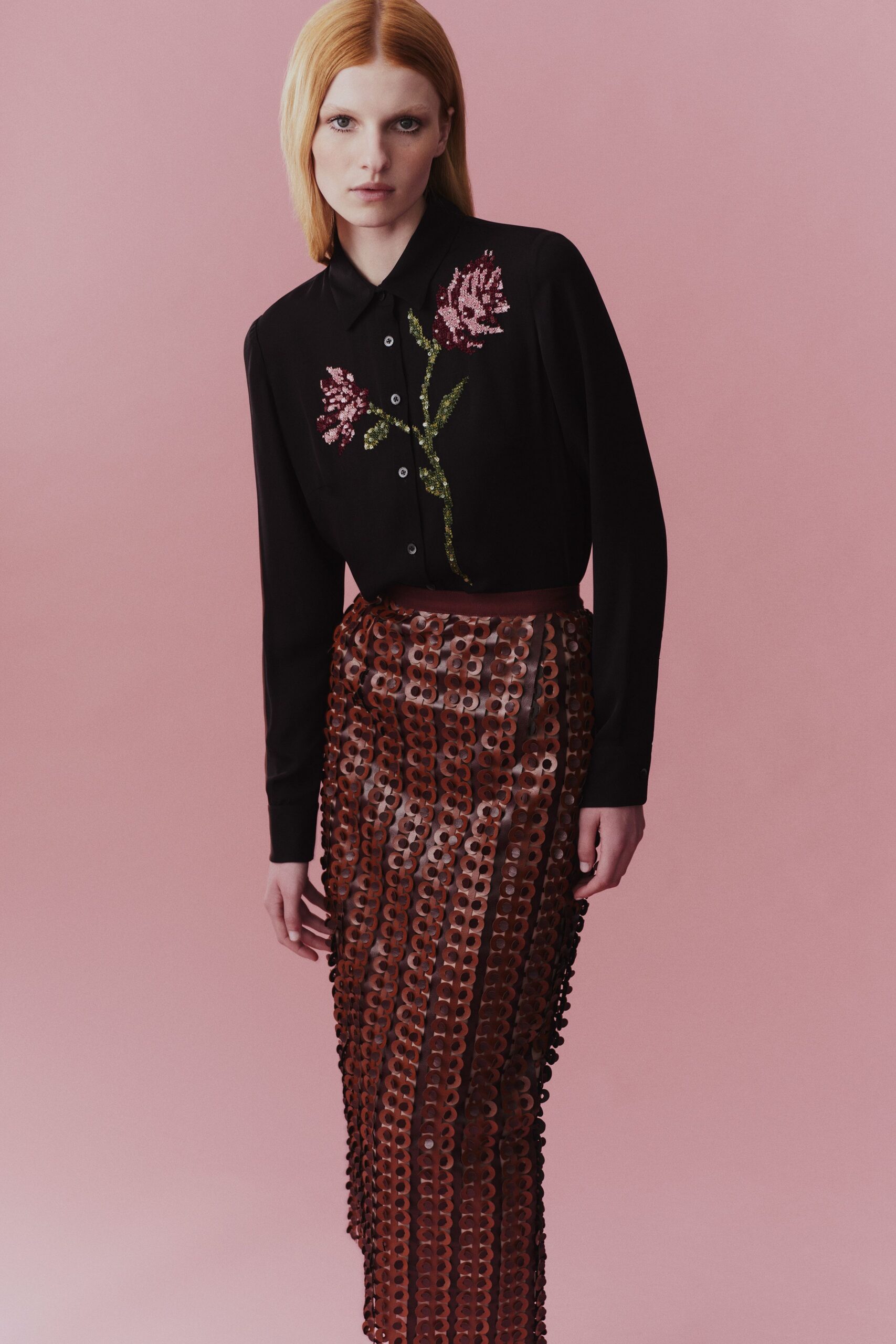 brown silk fitted layered maxi skirt
