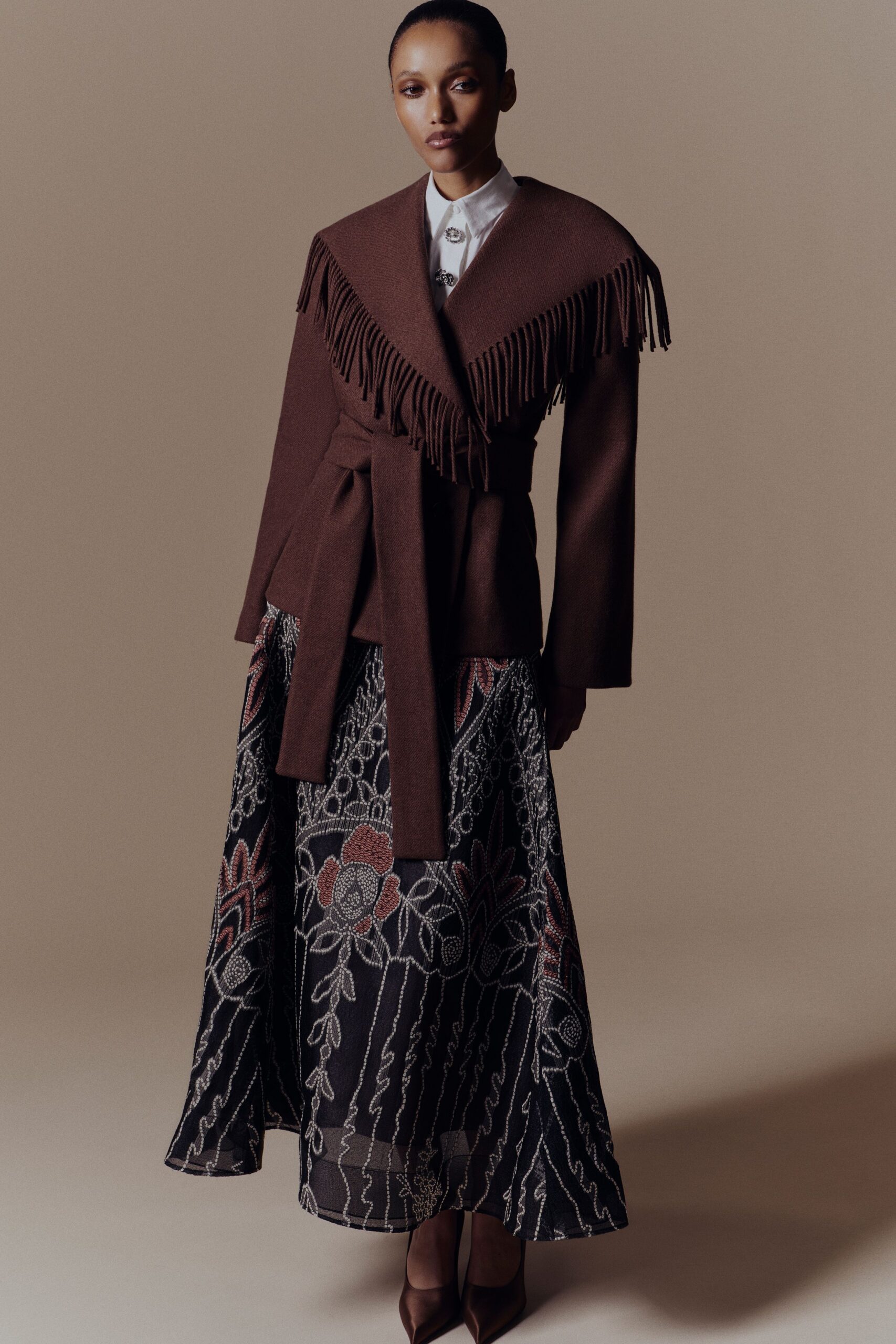 black chiffon fitted embroidered tiered flowing maxi skirt