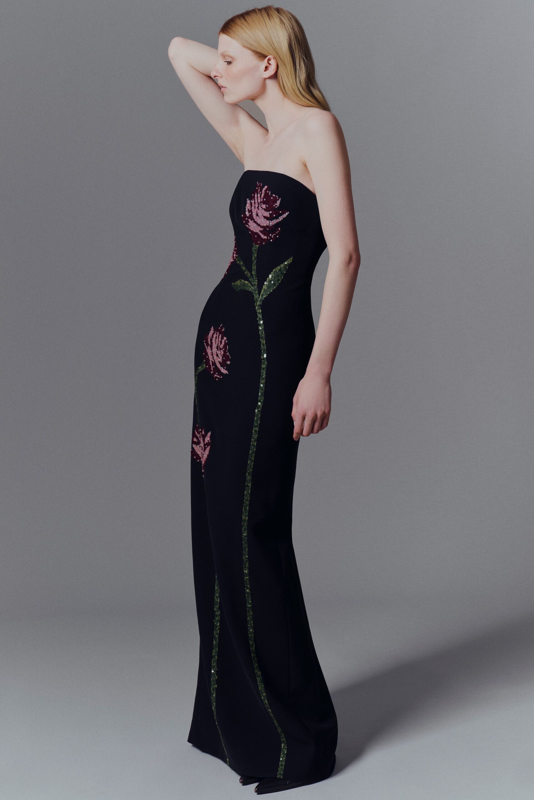 black embroidered strapless gown