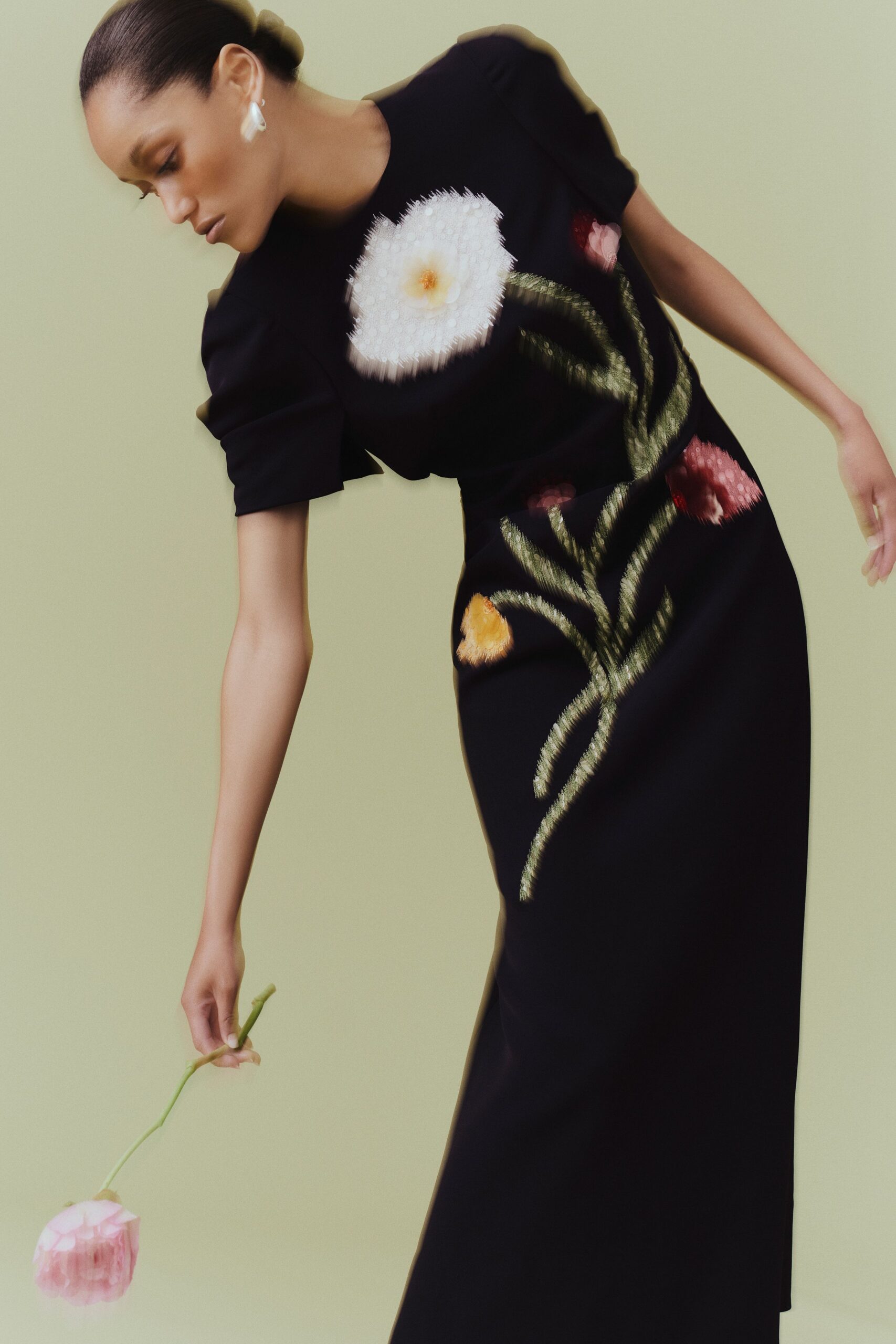 black fitted floral embroidered dress